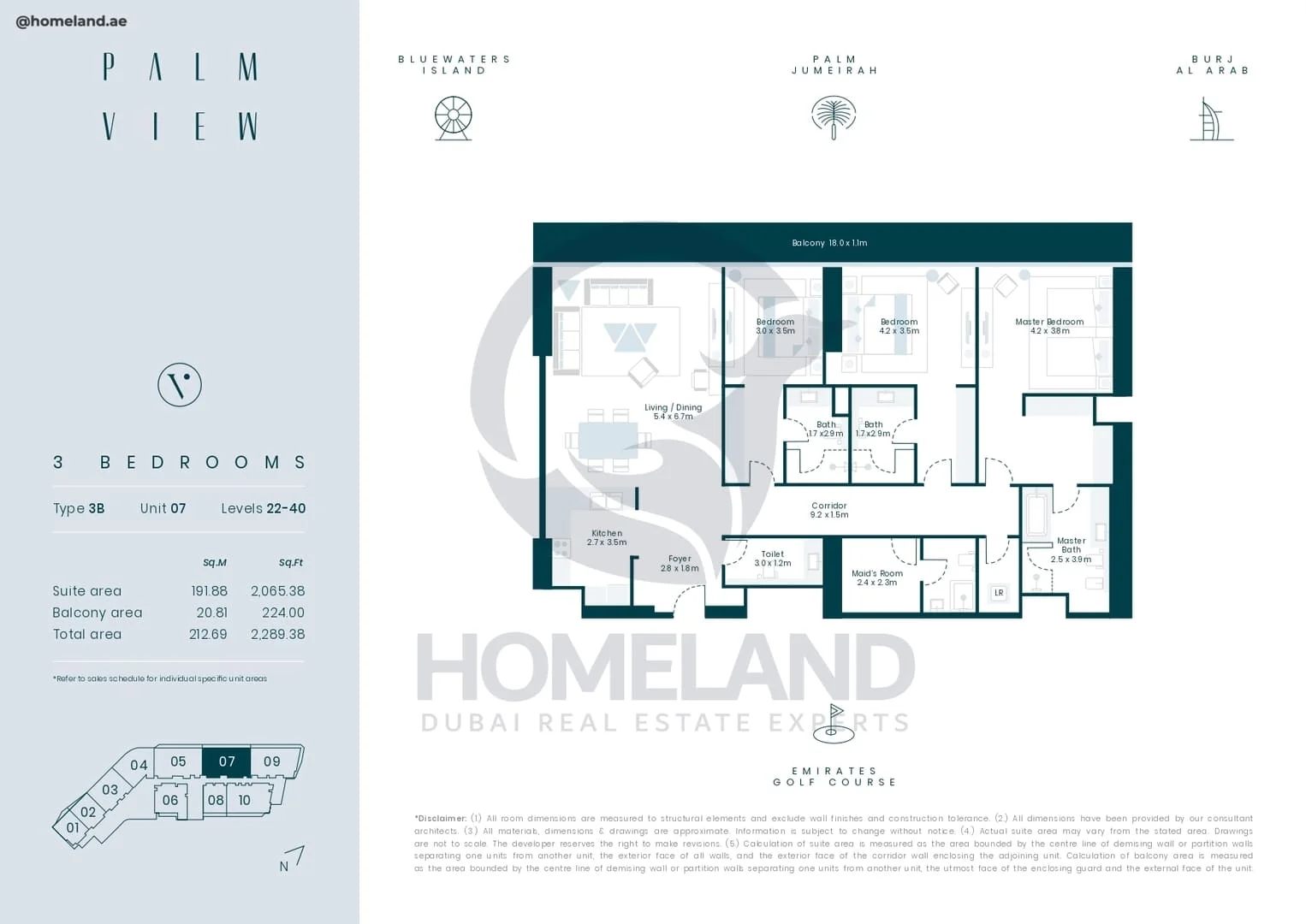 Palm View, 3BR, Type 3B, Unit 07, Level 22-40, 2289 SQFT