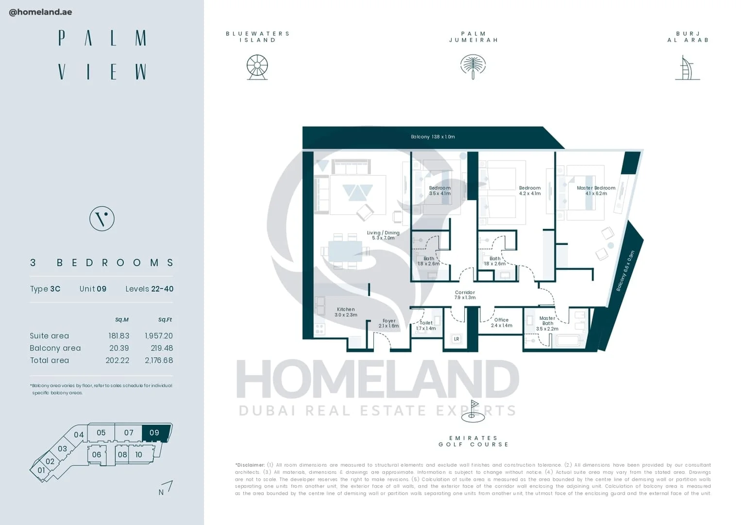 Palm View, 3BR, Type 3C, Unit 09, Level 22-40, 2176 SQFT