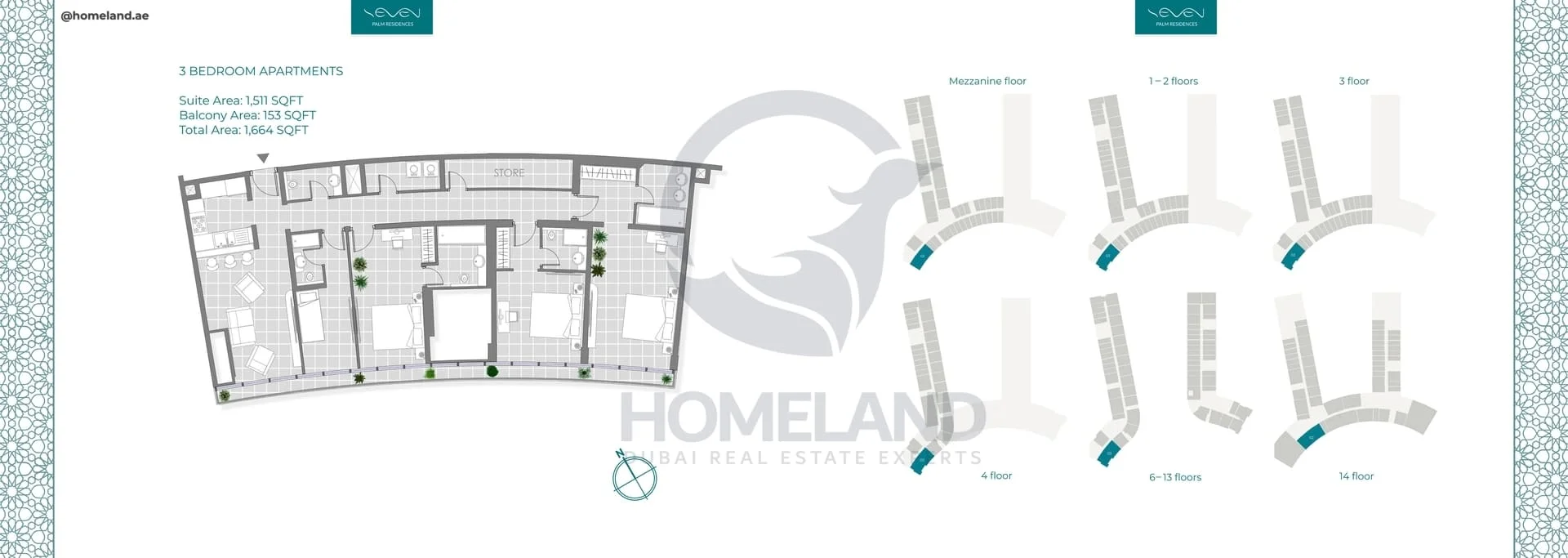 Seven Palm Residences,3BR , Level Mezzanine-1 to 14, 1664 SQFT