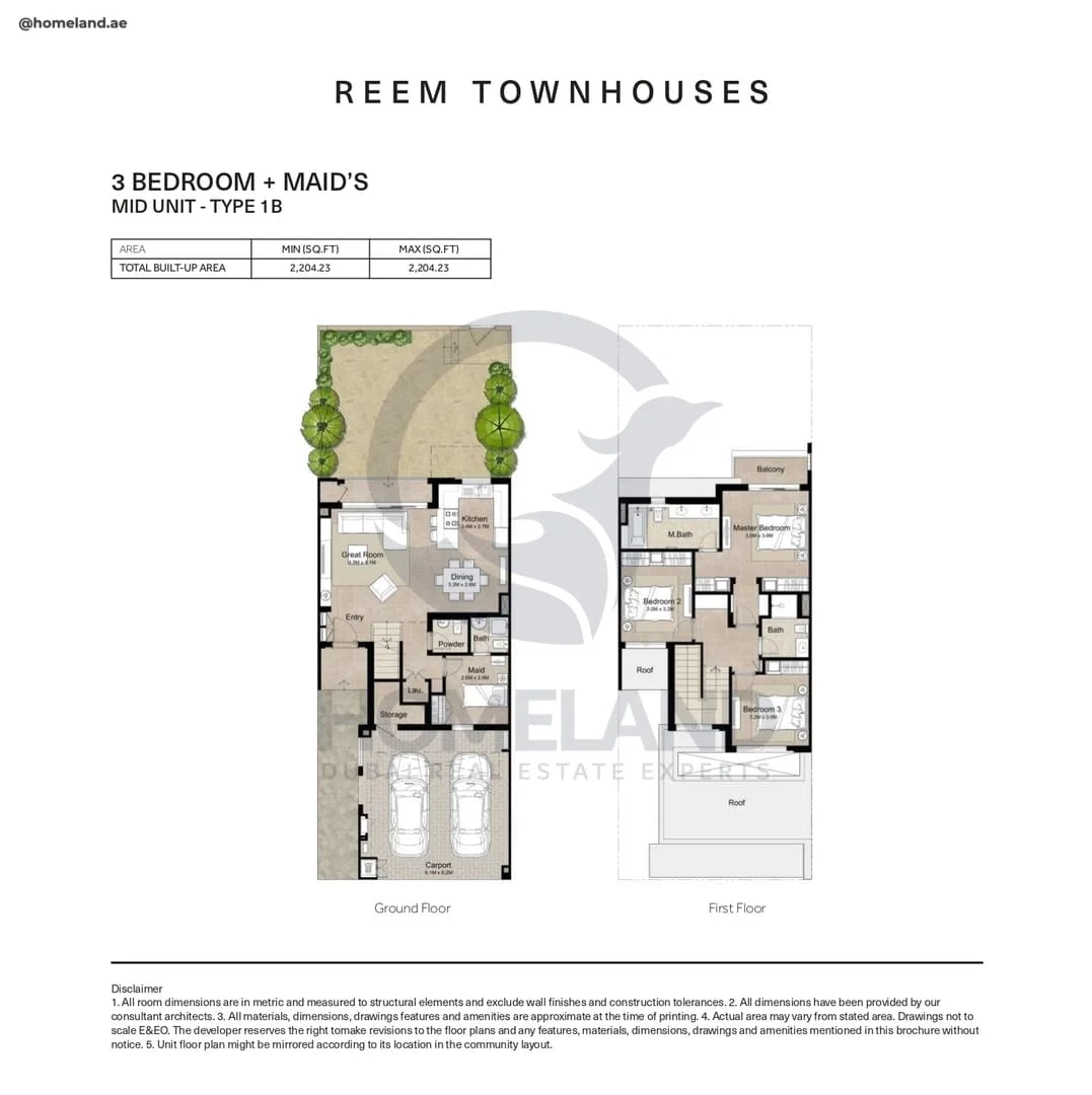 Reem Townhouses, 3BR+Maid, Mid Unit, Type 1B, 2204 SQFT