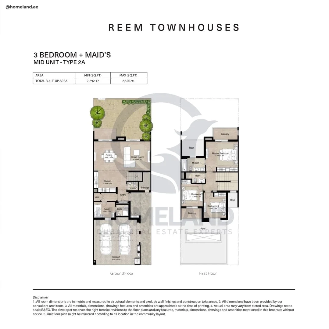 Reem Townhouses, 3BR+Maid, Mid Unit, Type 2A, 2320 SQFT