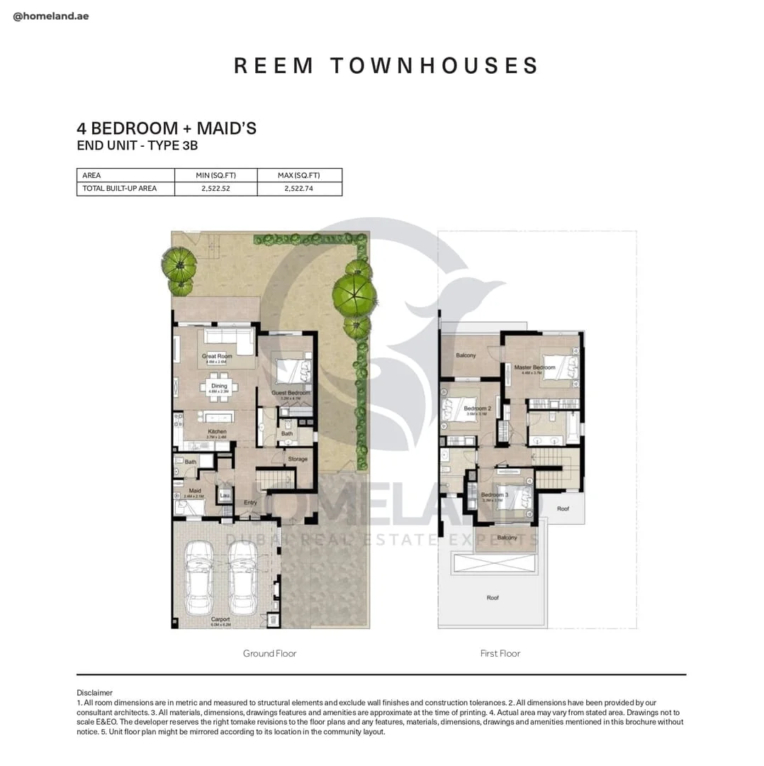 Reem Townhouses, 4BR+Maid, End Unit, Type 3B, 2522 SQFT