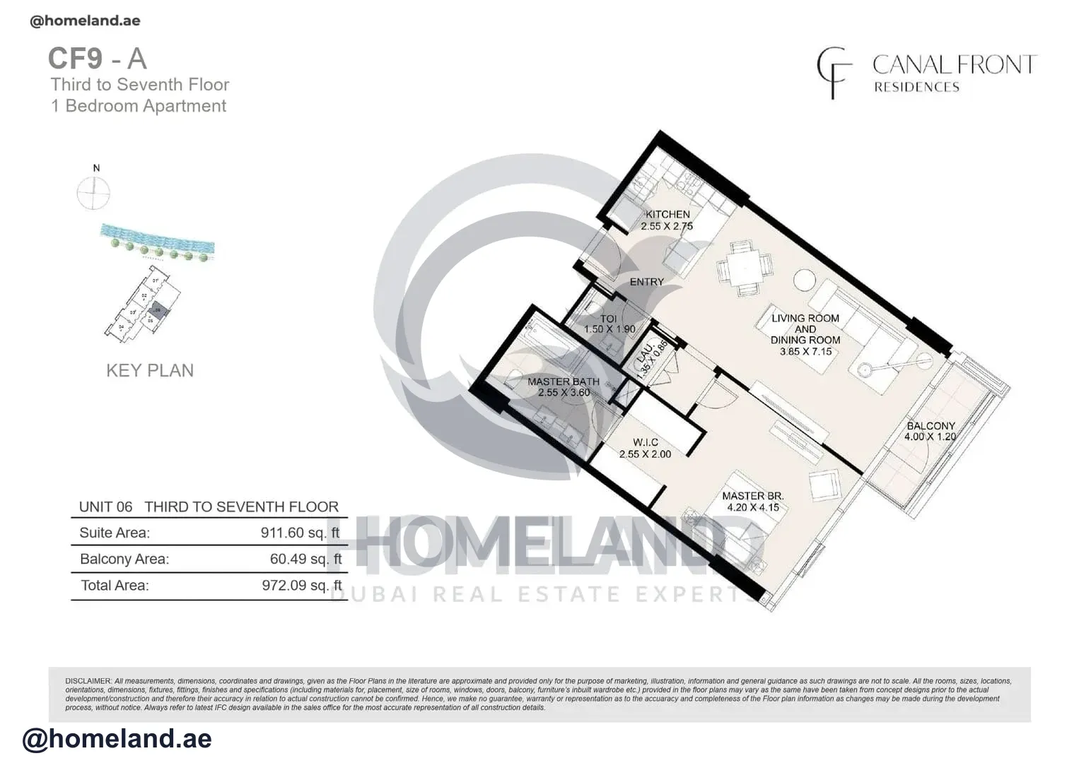 Canal Front Residences, CF9-A, 1BR, Unit 06, Level 3 to 7, 972 SQFT