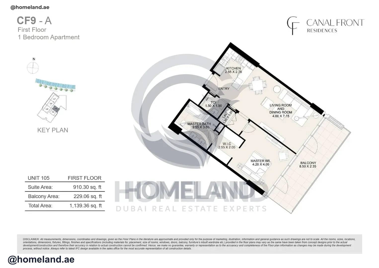 Canal Front Residences, CF9-A, 1BR, Unit 105, Level 1, 1139 SQFT