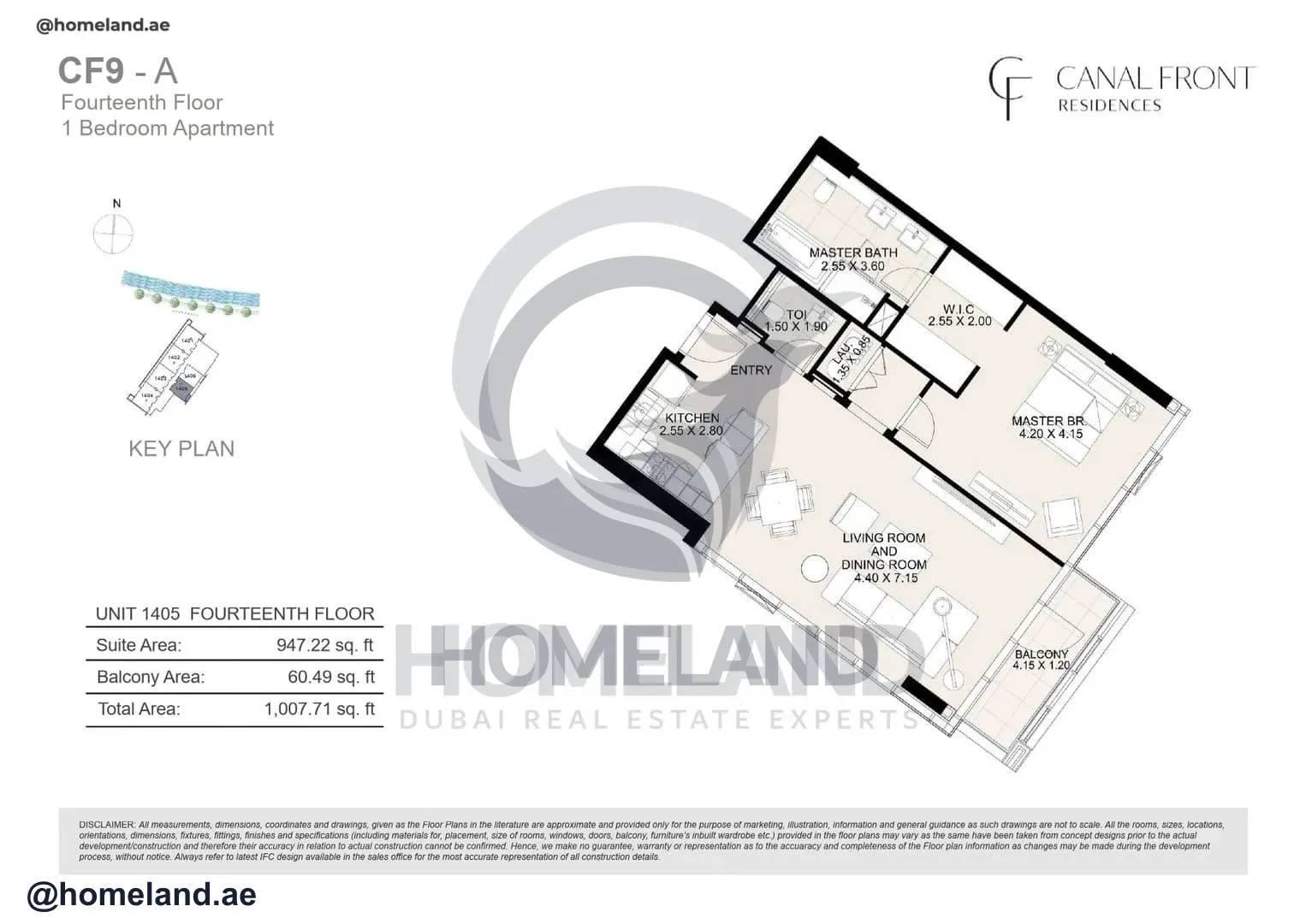 Canal Front Residences, CF9-A, 1BR, Unit 1405, Level 14, 1007 SQFT