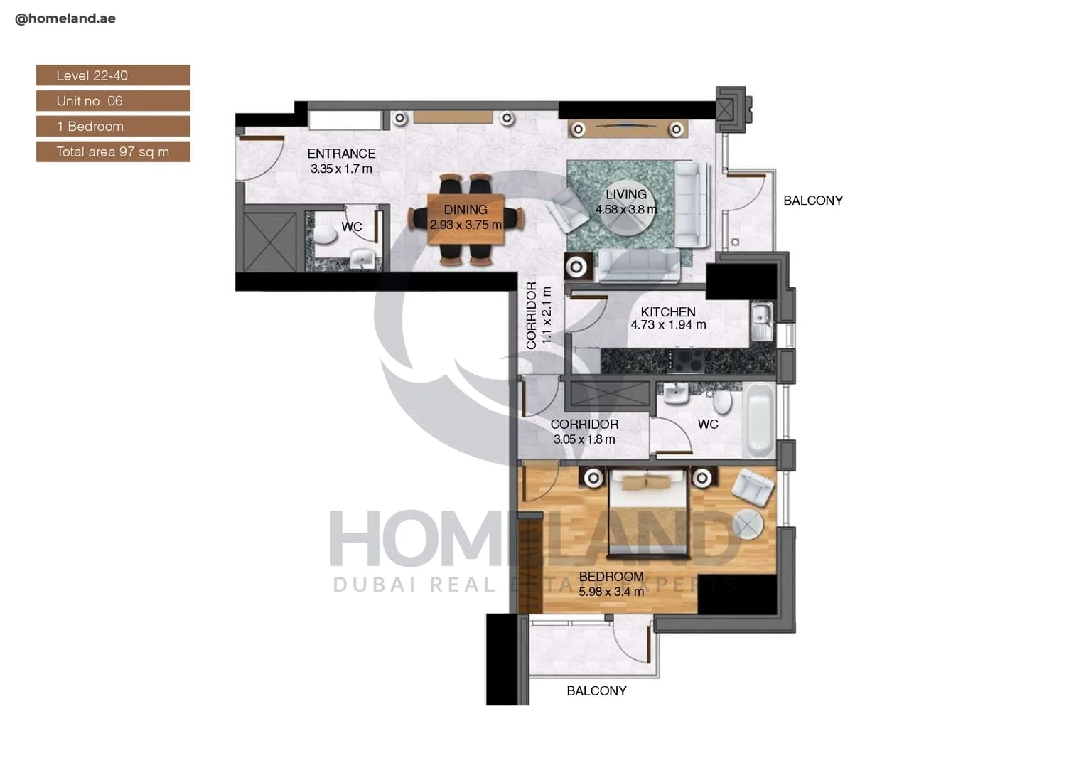 Noora Tower, 1BR, Unit 06, Level 22 to 40, 1044 SQFT