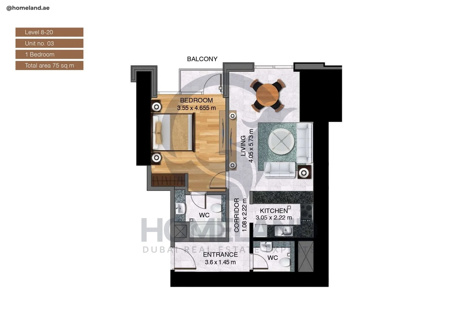 Noora Tower, 1BR, Unit 03, Level 8 to 20, 807 SQFT