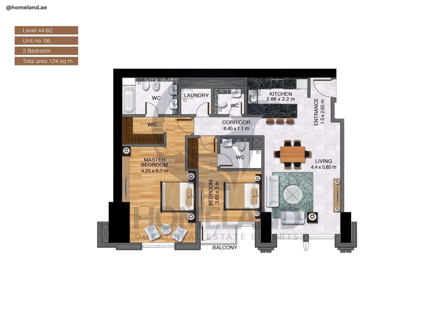 Noora Tower, 2BR, Unit 06, Level 44 to 62, 1334 SQFT