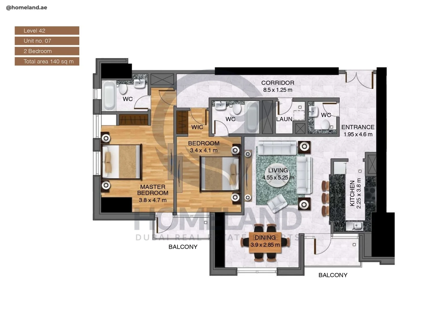 Noora Tower, 2BR, Unit 07, Level 42, 1506 SQFT