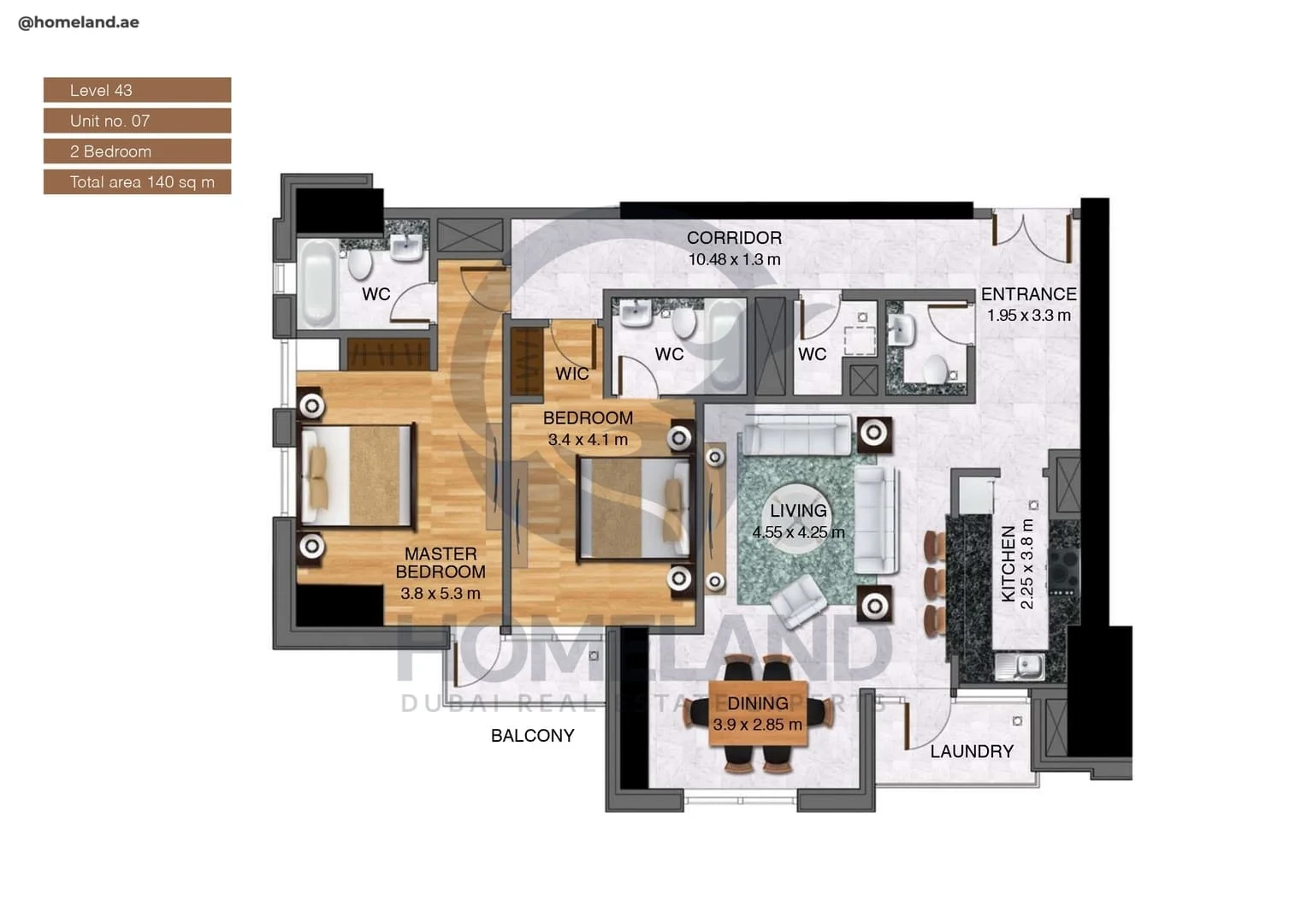 Noora Tower, 2BR, Unit 07, Level 43, 1506 SQFT