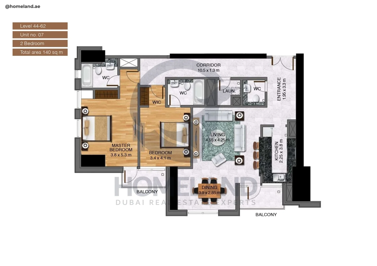 Noora Tower, 2BR, Unit 07, Level 44 to 62, 1506 SQFT