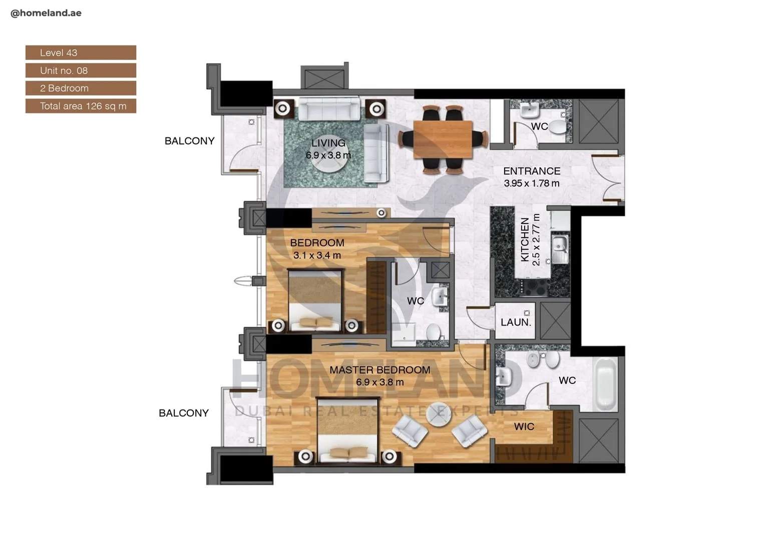 Noora Tower, 2BR, Unit 08, Level 43, 1356 SQFT