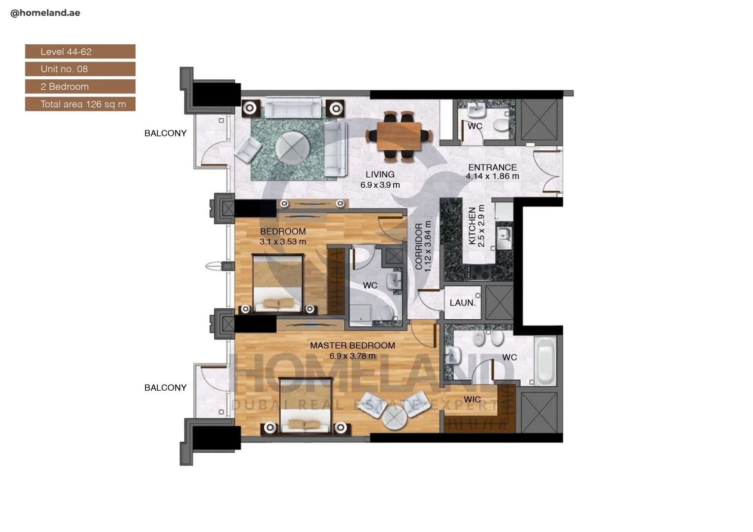 Noora Tower, 2BR, Unit 08, Level 44 to 62, 1356 SQFT