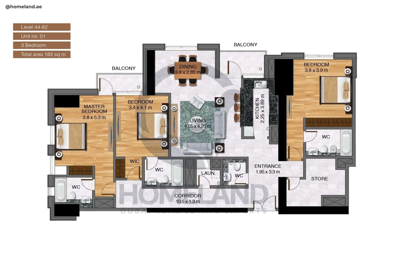 Noora Tower, 3BR, Unit 01, Level 44 to 62, 1969 SQFT