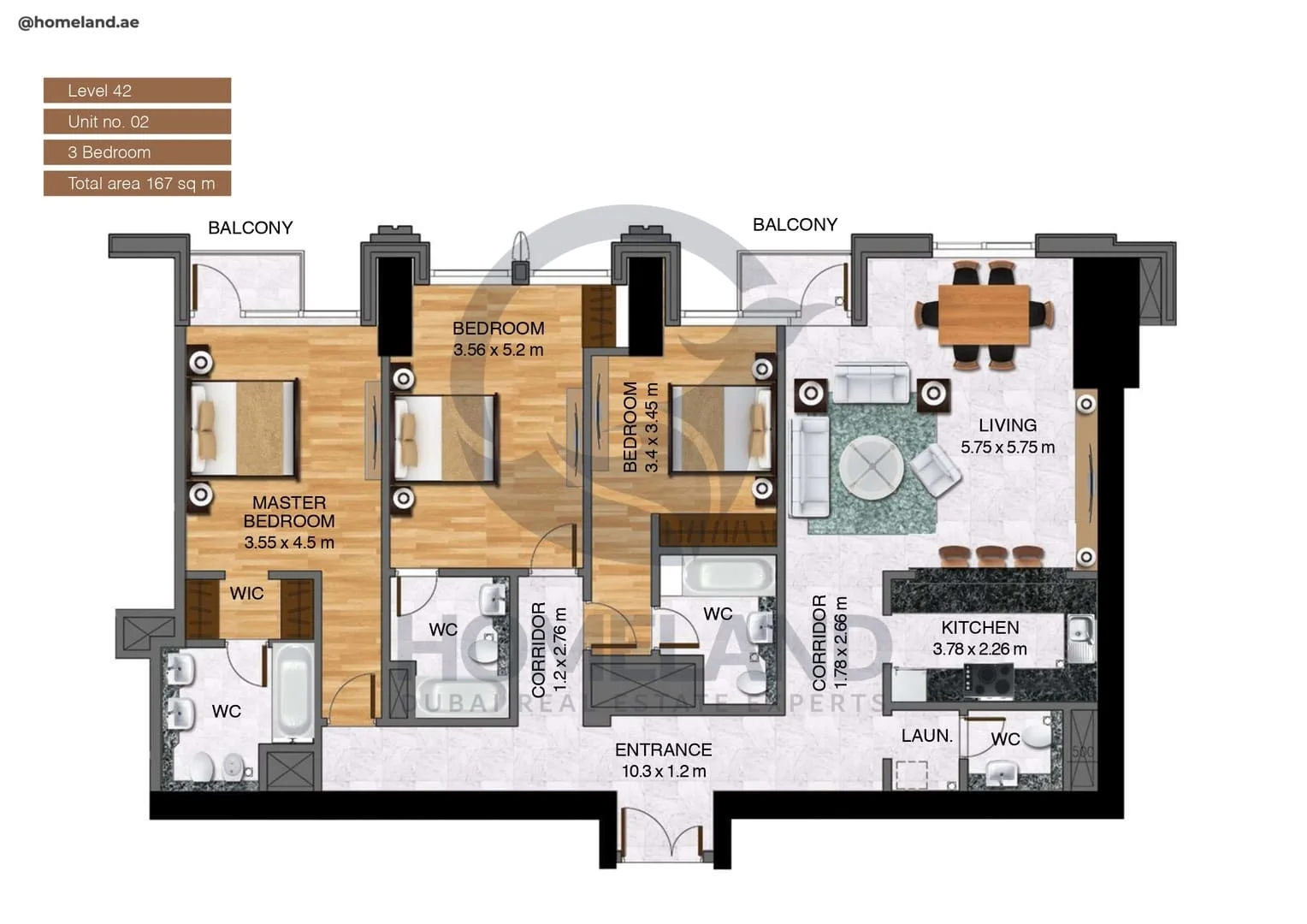 Noora Tower, 3BR, Unit 02, Level 42, 1797 SQFT