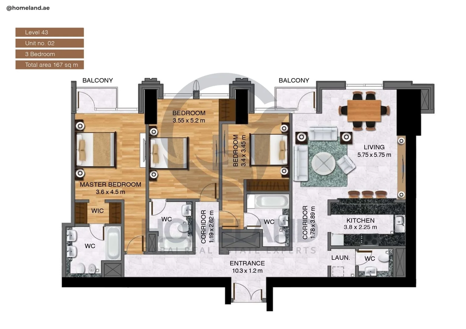 Noora Tower, 3BR, Unit 02, Level 43, 1797 SQFT