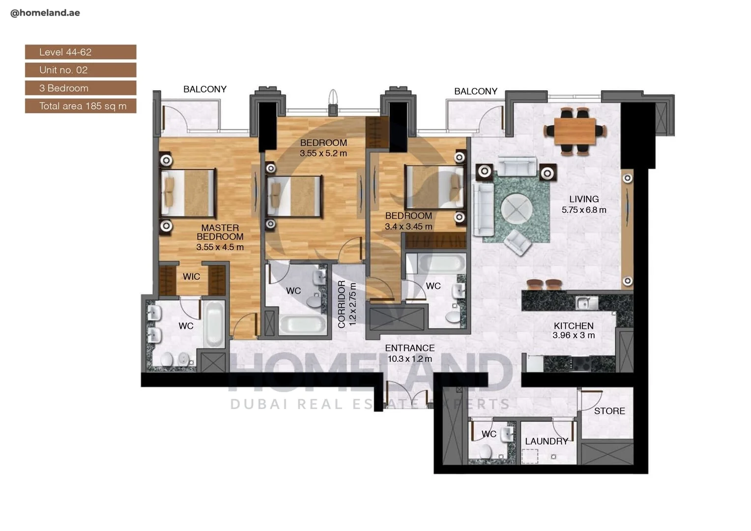 Noora Tower, 3BR, Unit 02, Level 44 to 62, 1991 SQFT