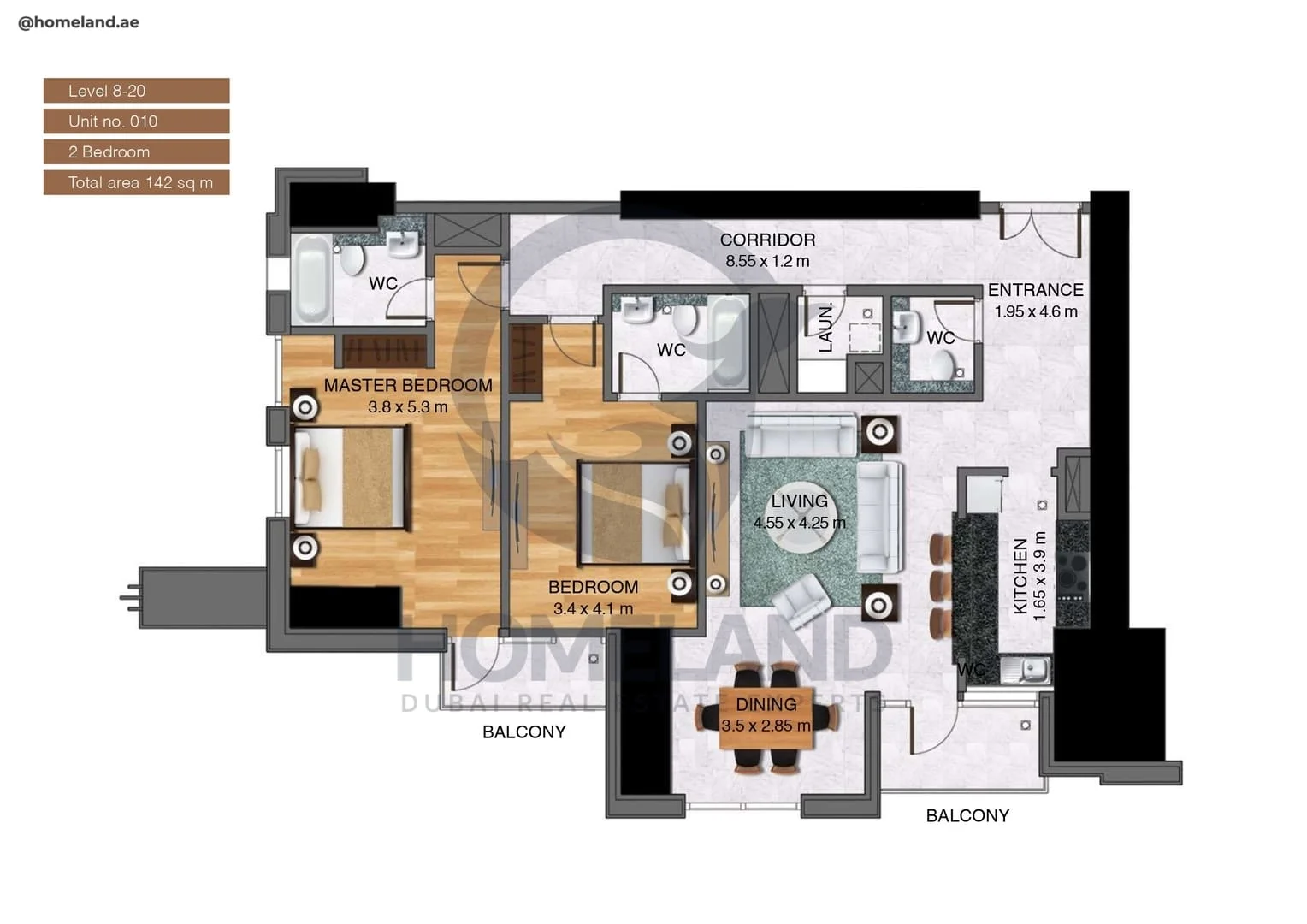 Noora Tower, 2BR, Unit 010, Level 8 to 20, 1528 SQFT