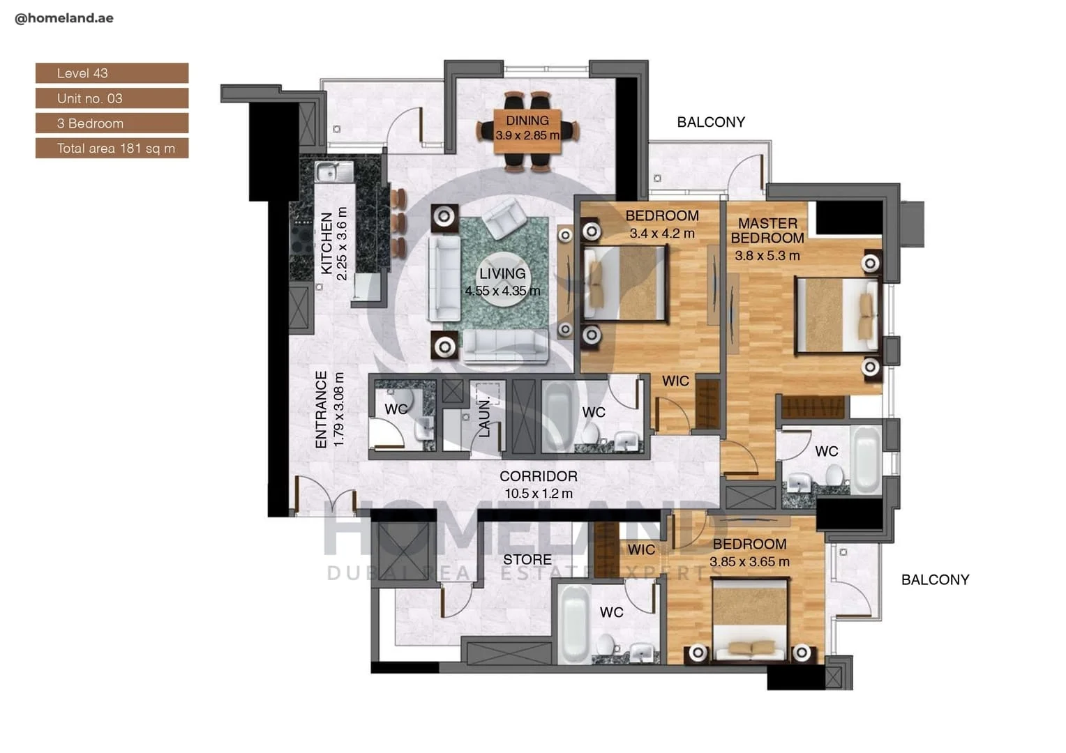 Noora Tower, 3BR, Unit 03, Level 43, 1948 SQFT