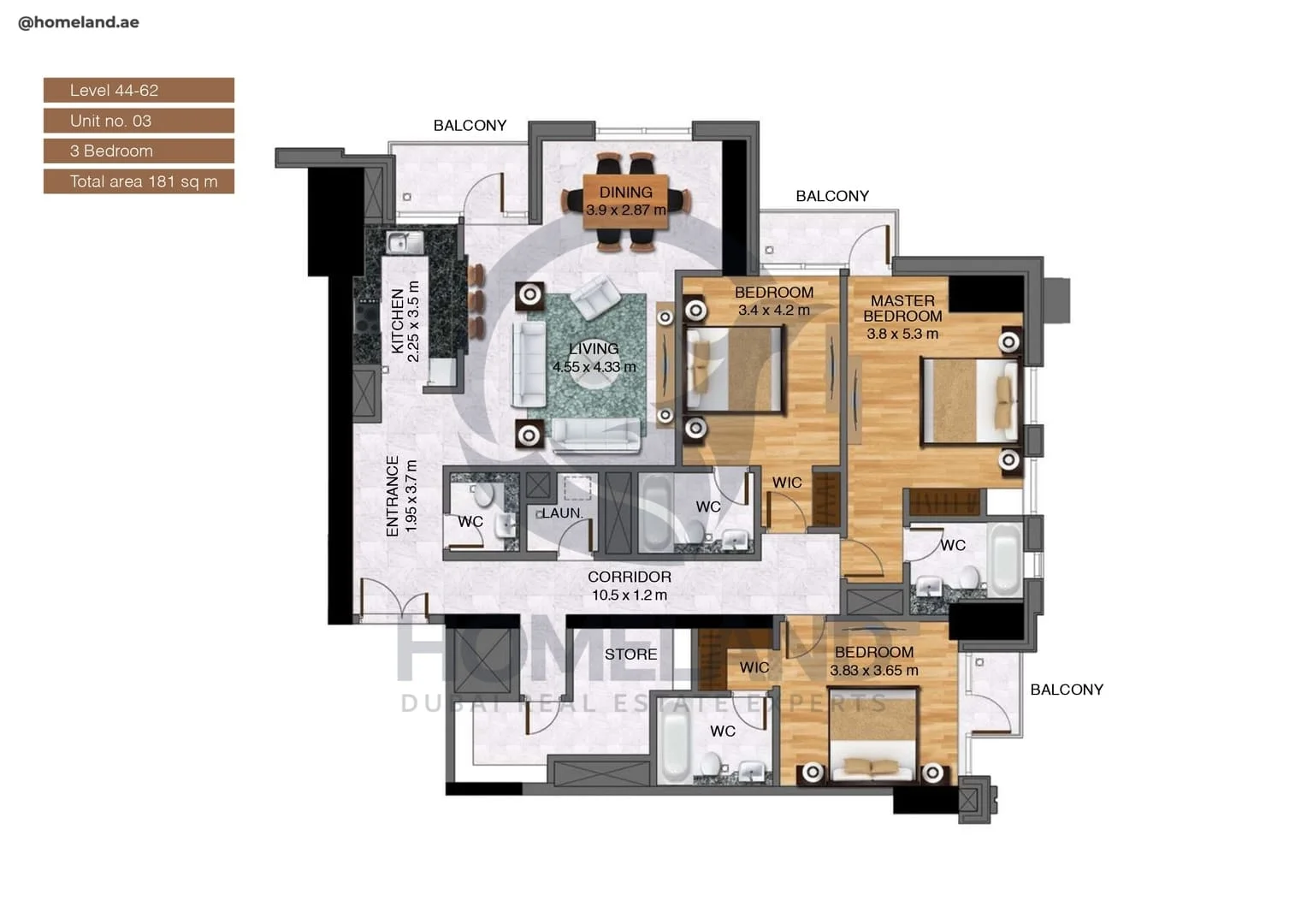 Noora Tower, 3BR, Unit 03, Level 44 to 62, 1948 SQFT