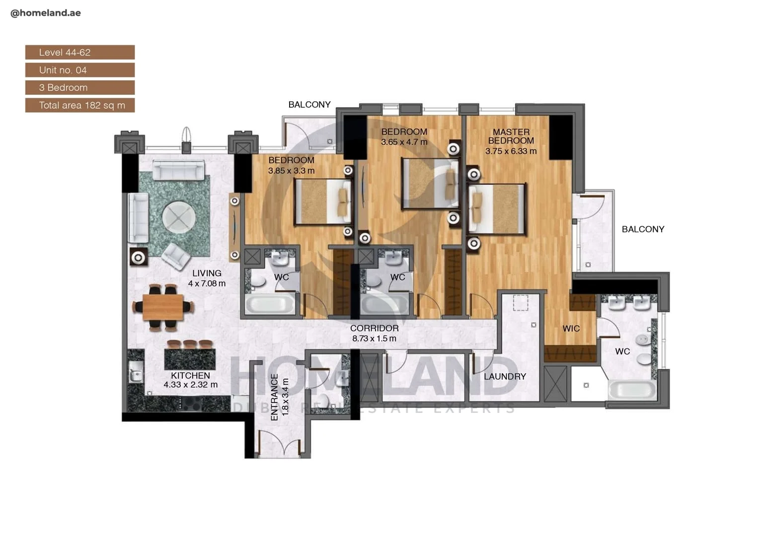 Noora Tower, 3BR, Unit 04, Level 44 to 62, 1959 SQFT