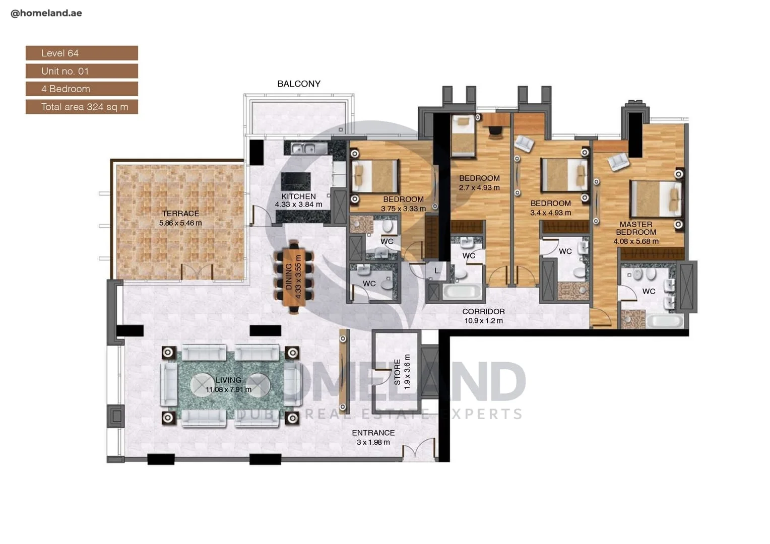 Noora Tower, 4BR, Unit 01, Level 64, 3509 SQFT