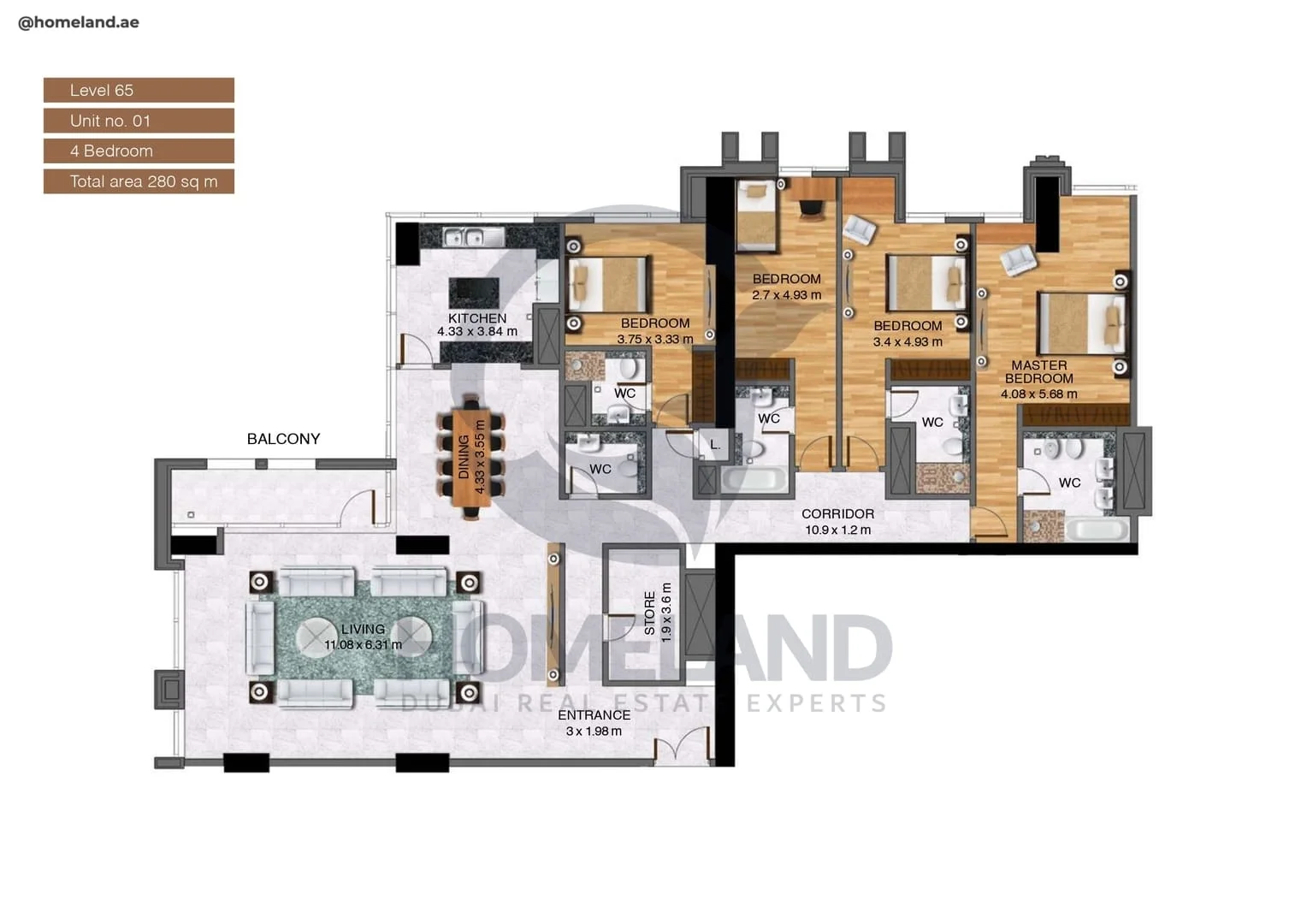 Noora Tower, 4BR, Unit 01, Level 65, 3013 SQFT