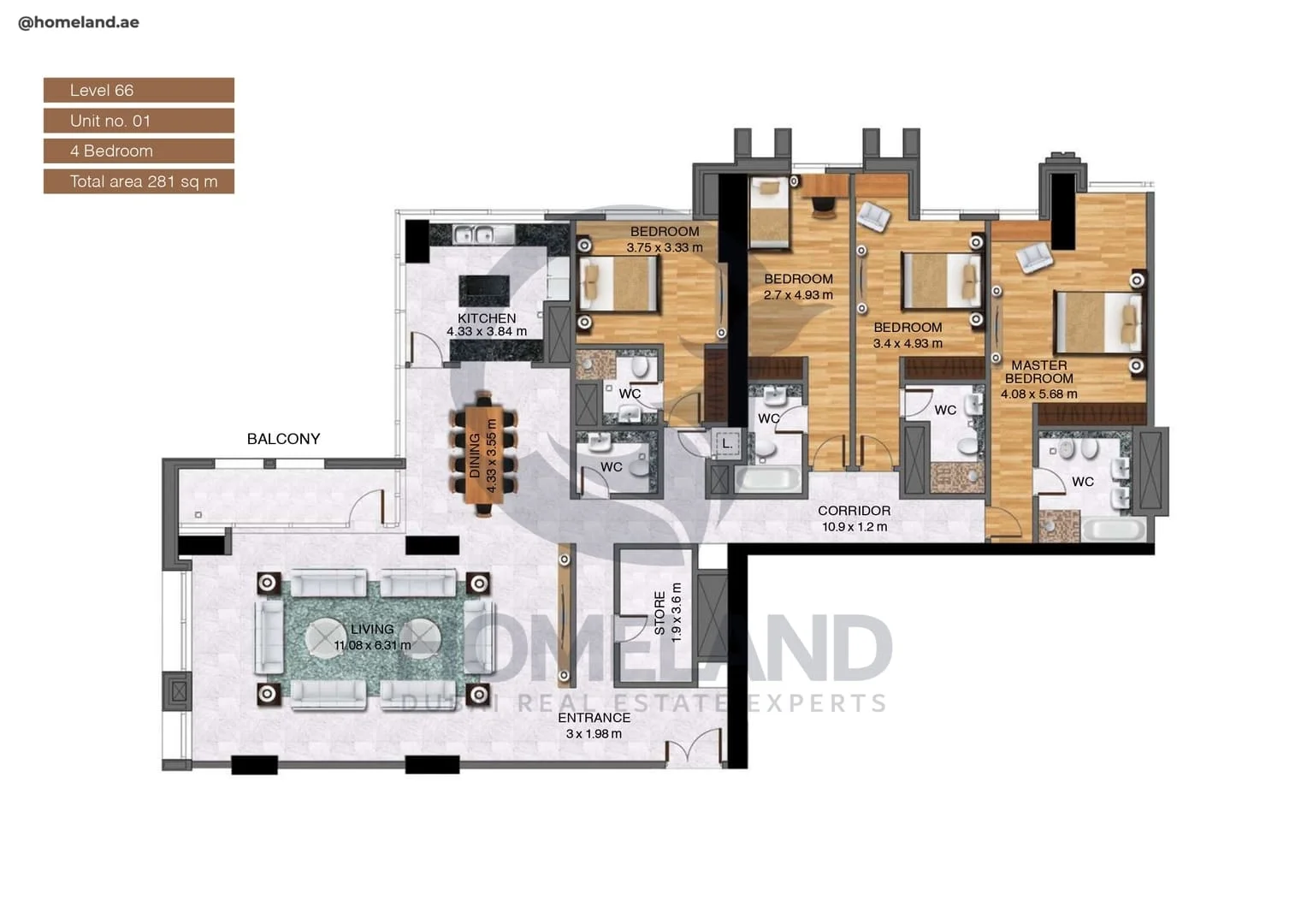 Noora Tower, 4BR, Unit 01, Level 66, 3024 SQFT