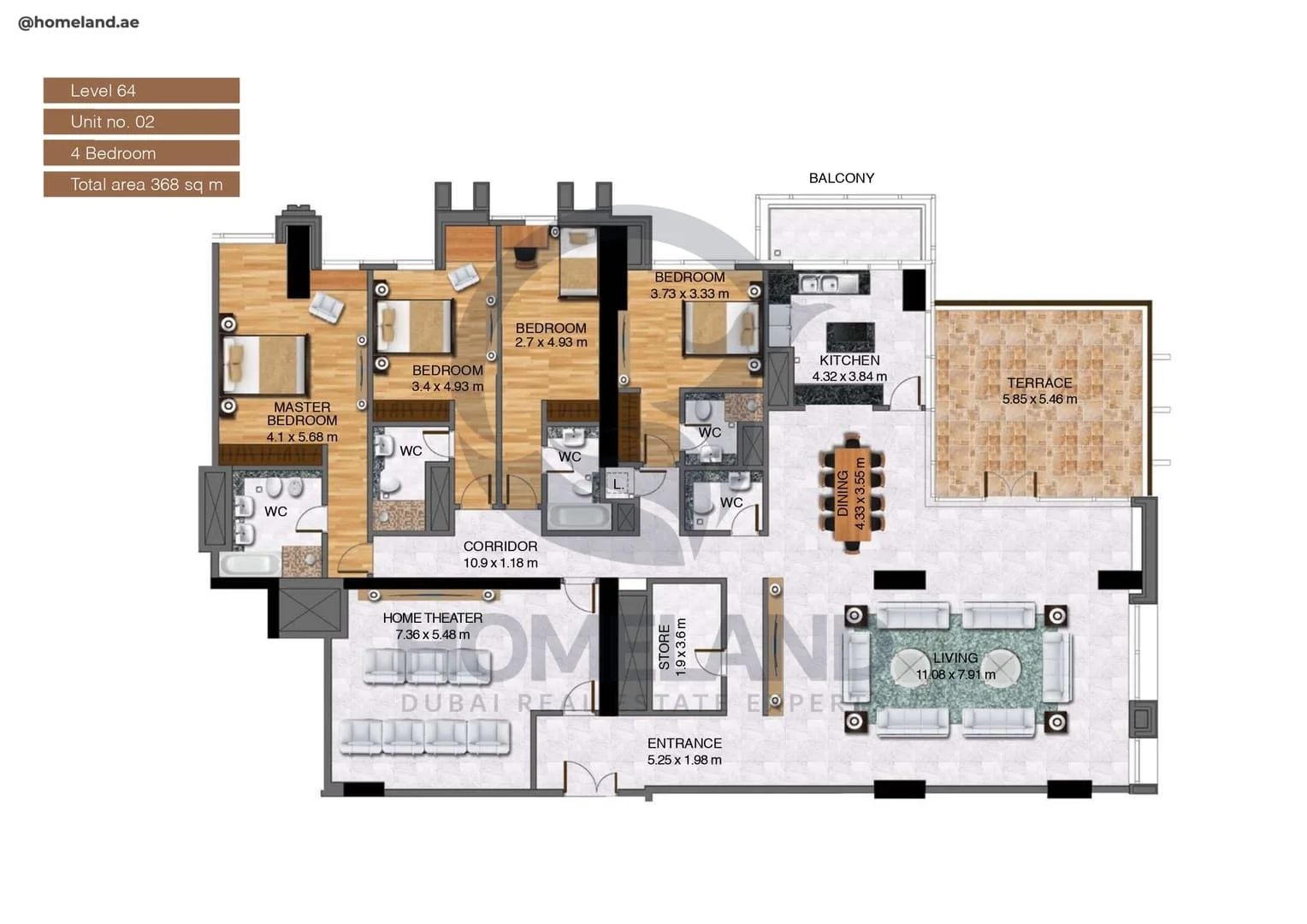 Noora Tower, 4BR, Unit 02, Level 64, 3961 SQFT