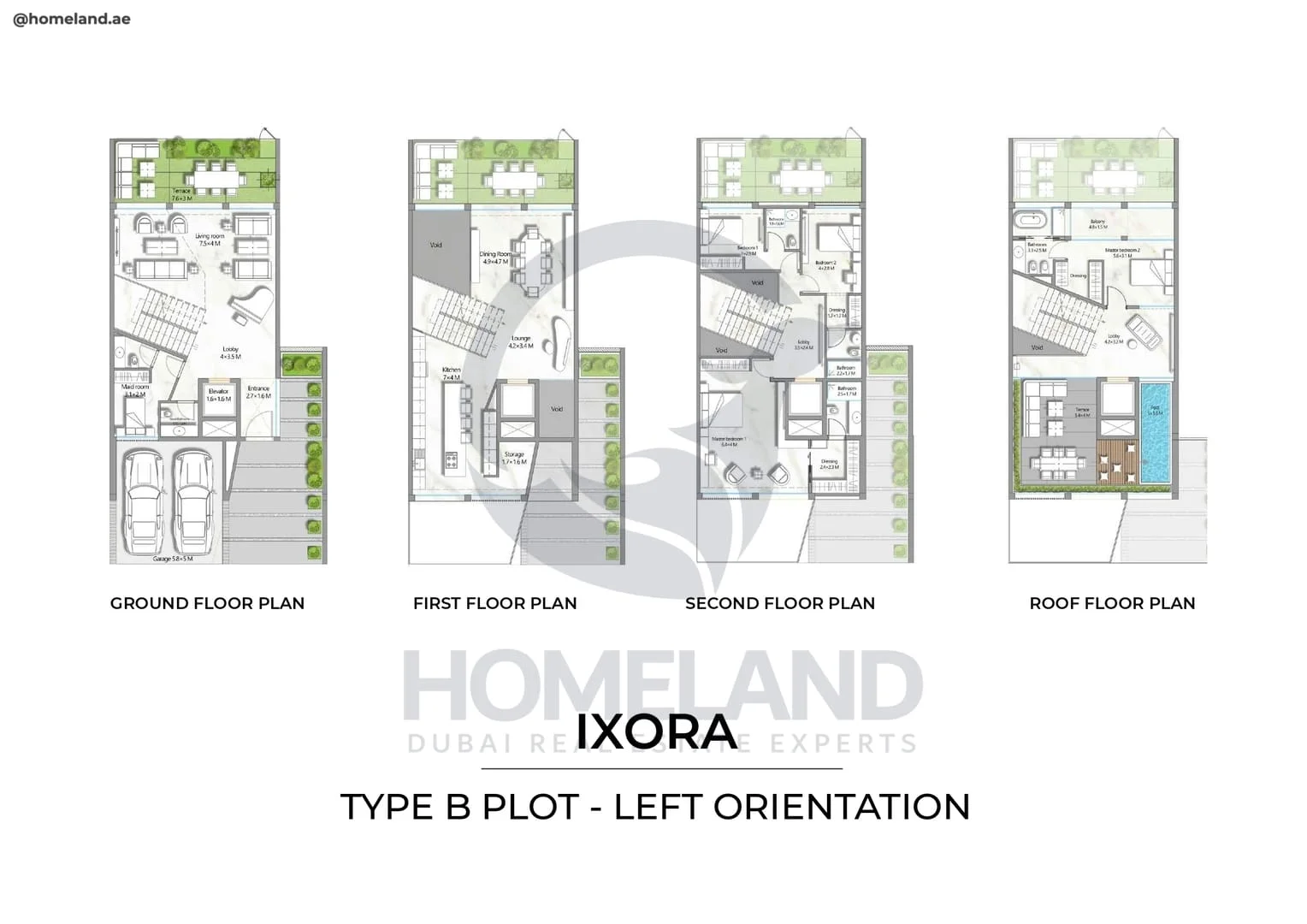 Ixora, Type B Plot, Left Orientation, 4BR, Ground-1st-2nd-Roof Floor