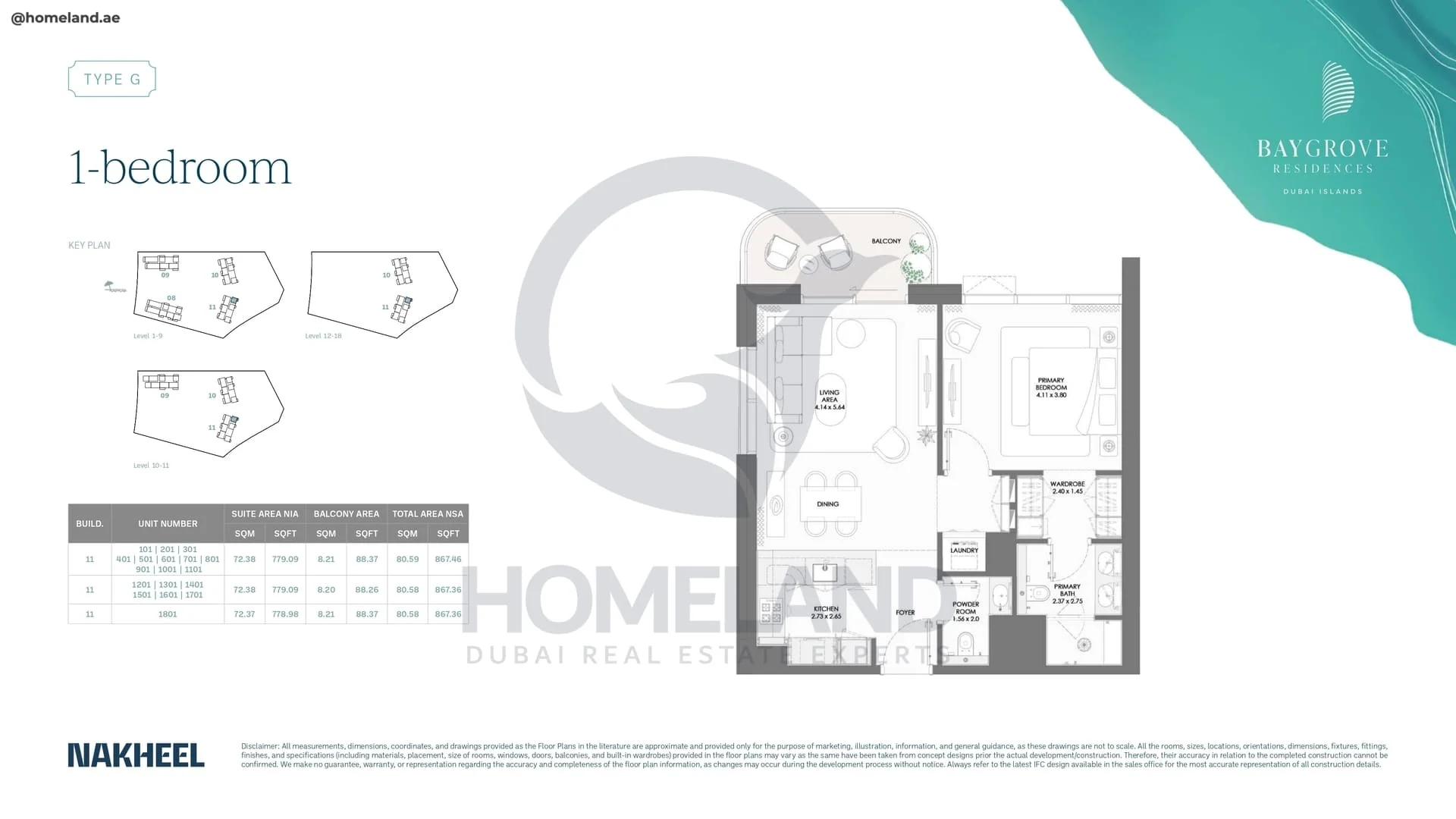 Bay Grove, Phase 2, Building 11, 1BR, Type G, Unit 101 to 1801, Level 1 to 18, 867 SQFT