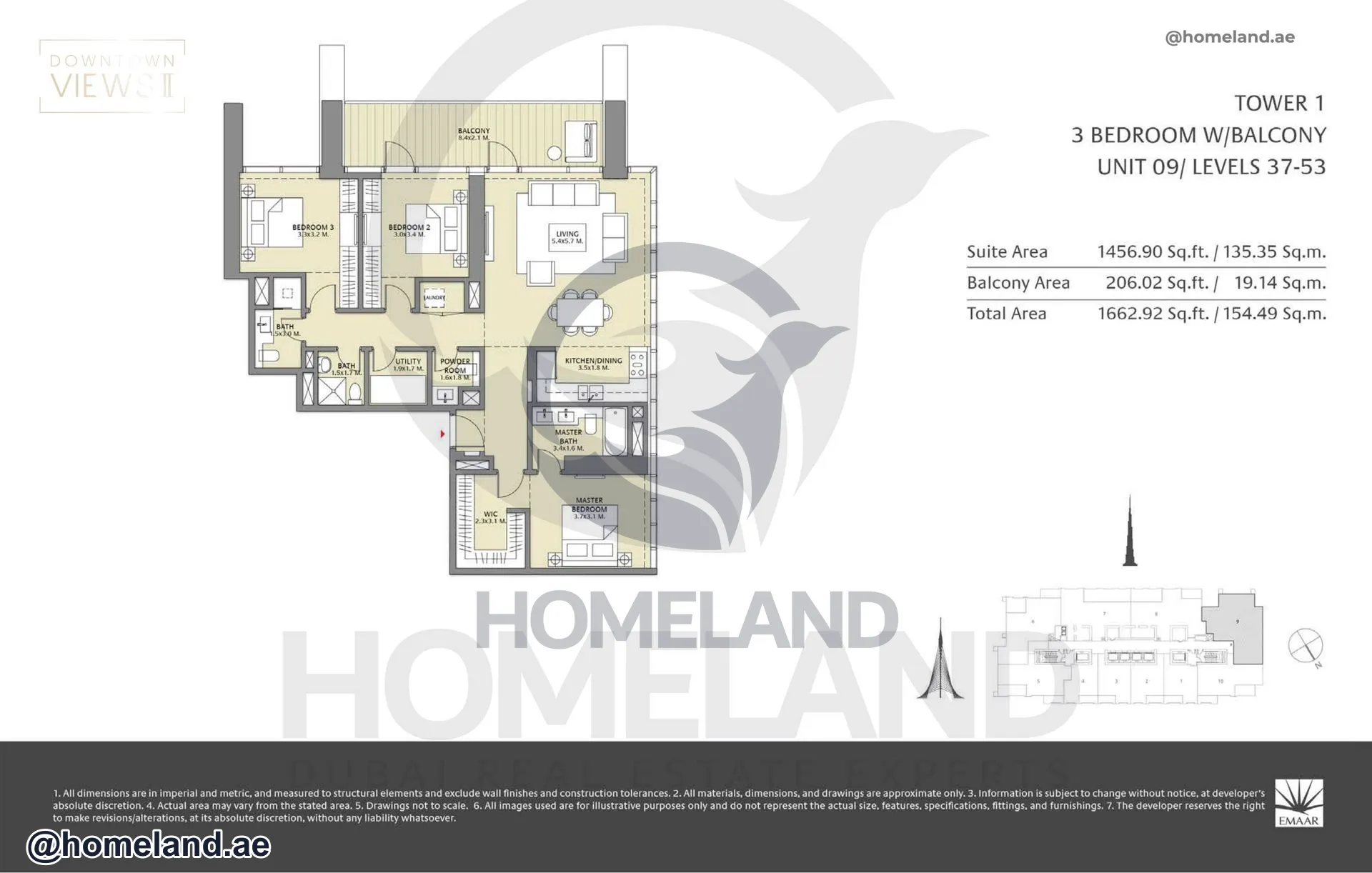 Downtown Views II Tower 1, 3 BR With Balcony, Unit 09, Level 37-53, 1662 SQFT