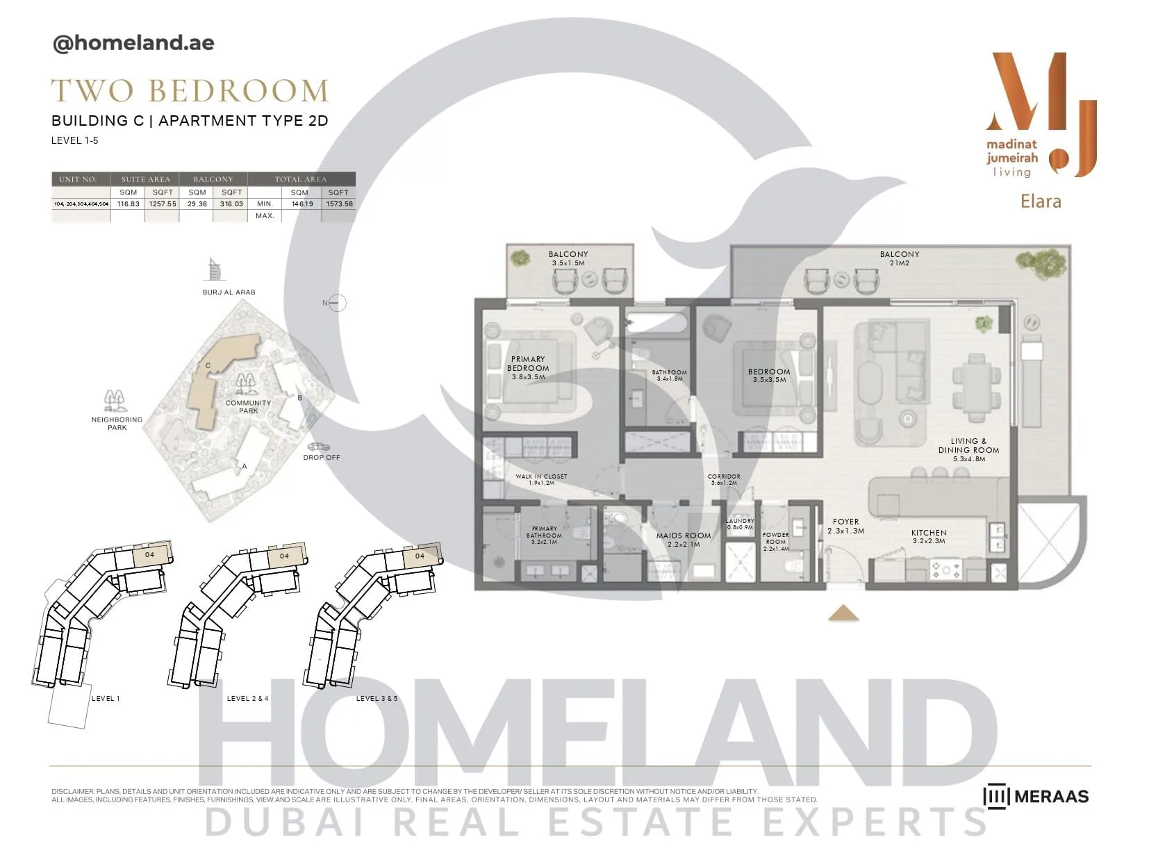 Elara, Building C, Type 2D, 2 BR, Unit 104-204-304-404-504, Level 1-5, 1573 SQFT