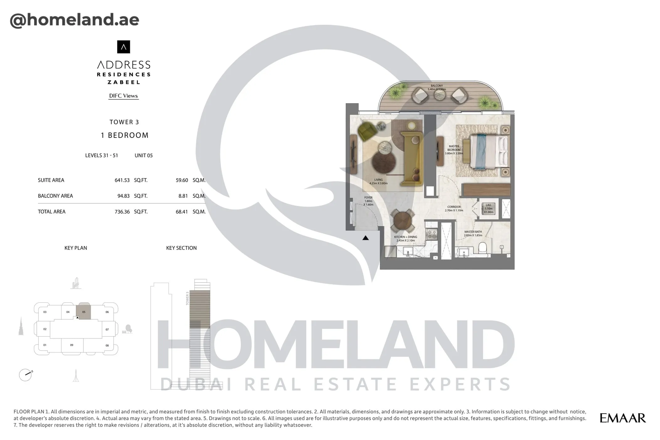 Address Residences Zabeel, Tower 3, 1BR, Level 31-51, Unit 05, 736 SQFT