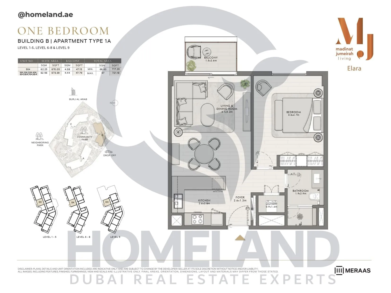 Elara, Building B, Type 1A, 1 BR, Unit 104-204-304-404-504-604-704-804-904, Level 1-5-6-8-9, 721 SQFT