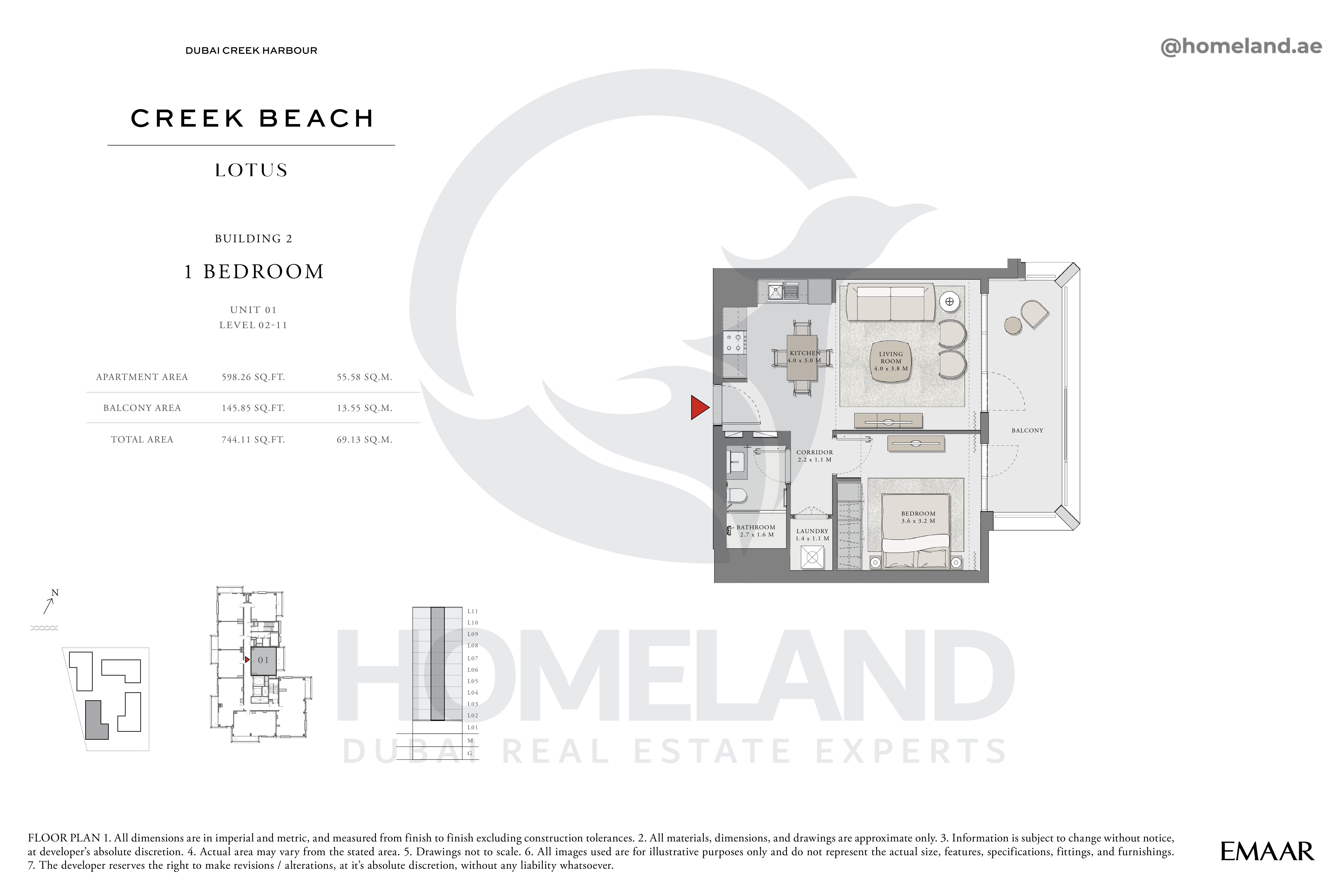 Lotus, 1 BR, Unit 01, Level 2-11, 744 SQFT