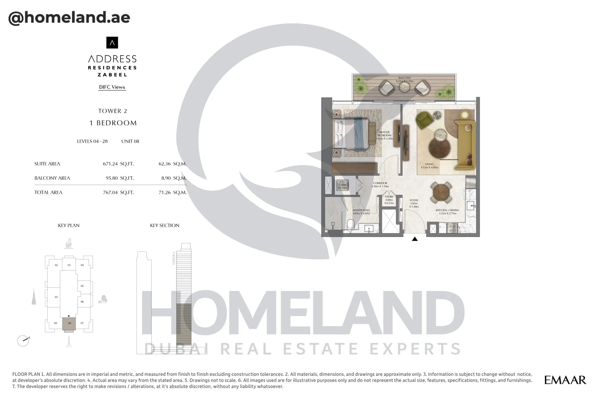 Address Residences Zabeel, Tower 2, 1BR, Level 4-28, Unit 08, 767 SQFT