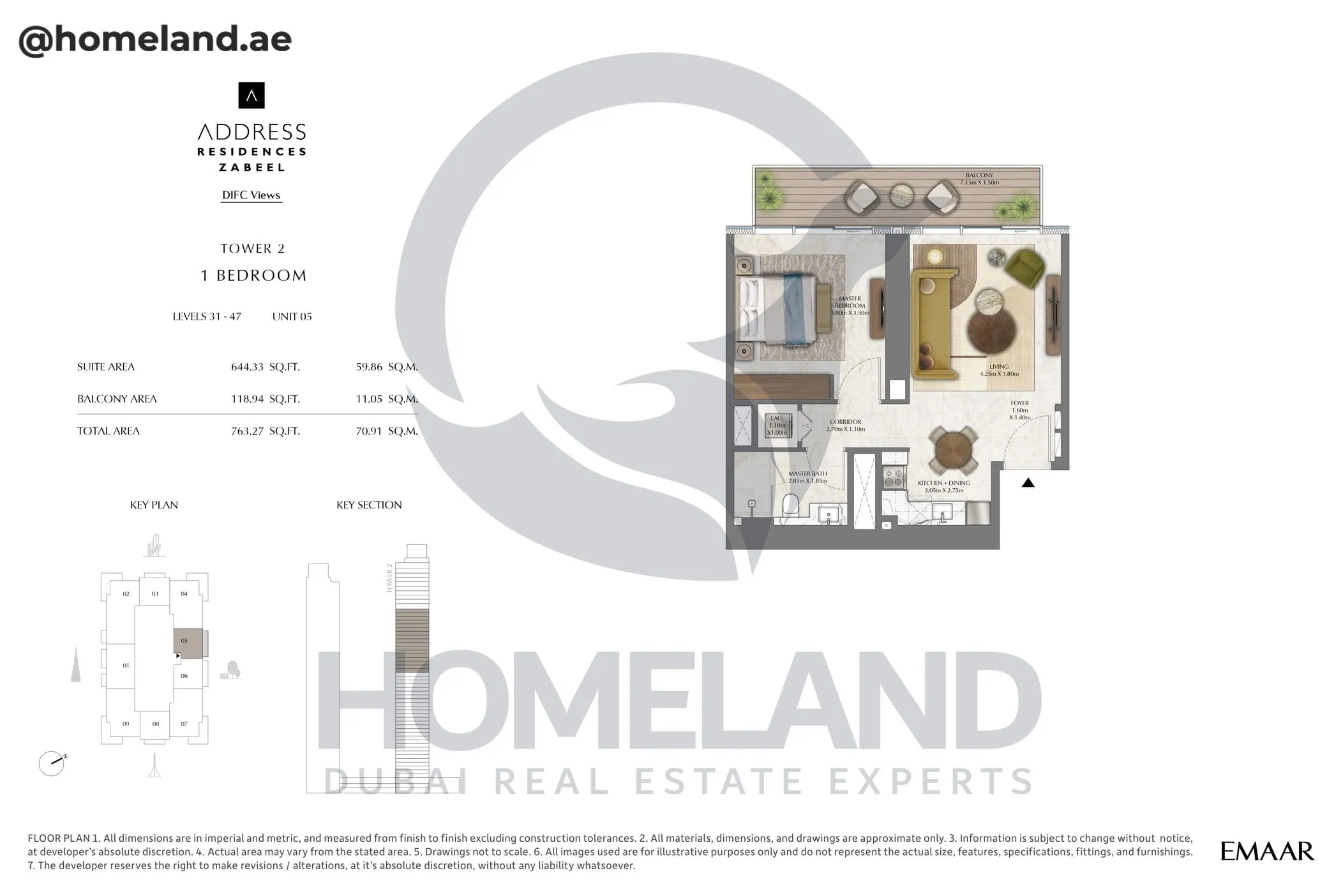 Address Residences Zabeel, Tower 2, 1BR, Level 31-47, Unit 05, 763 SQFT