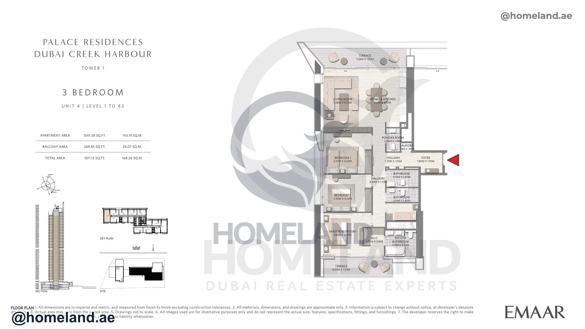 Palace Residences, Tower 1, 3 BR, Unit 4, Level 1 to 43, 1811 SQFT