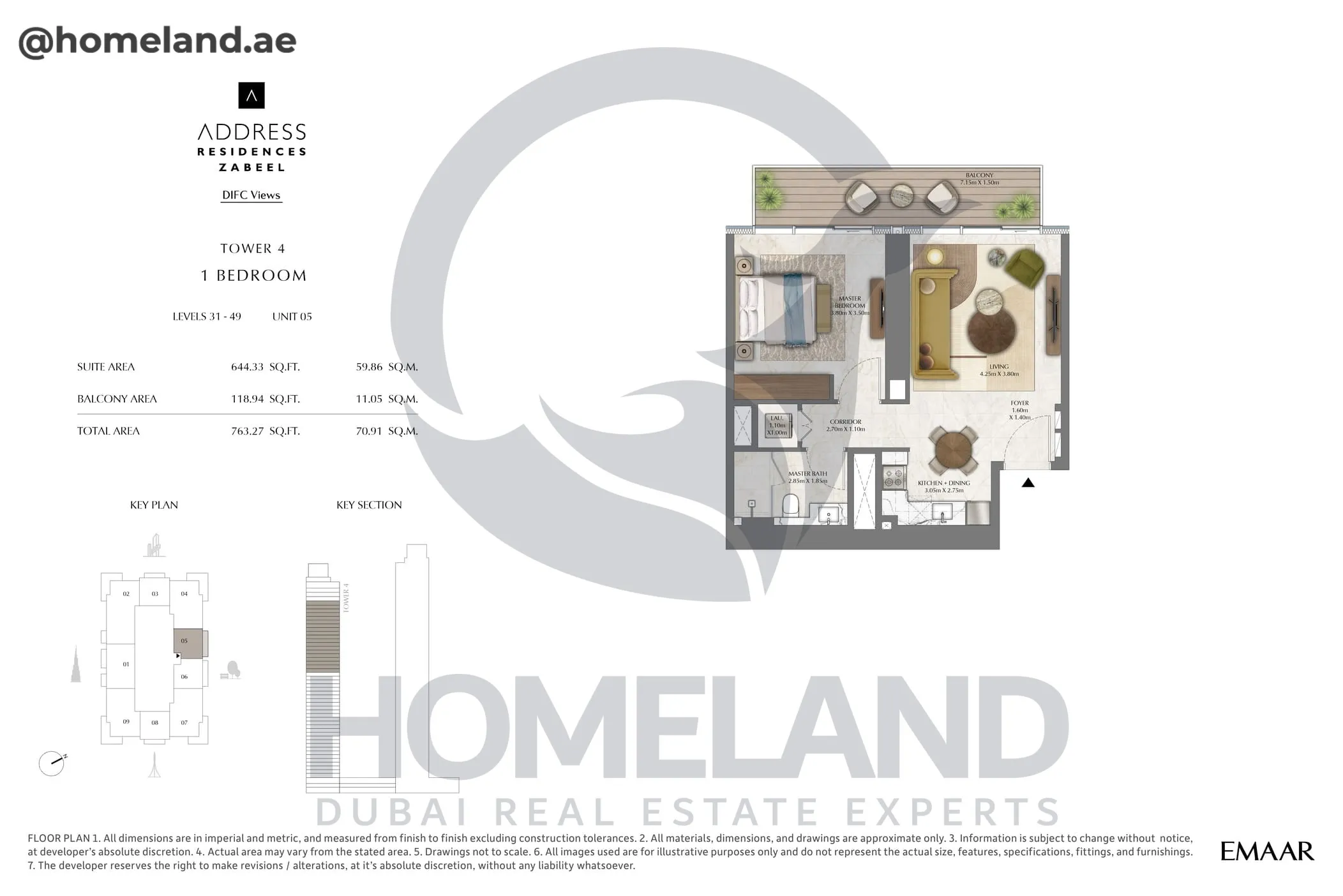 Address Residences Zabeel, Tower 4, 1BR, Level 31-49, Unit 05, 763 SQFT