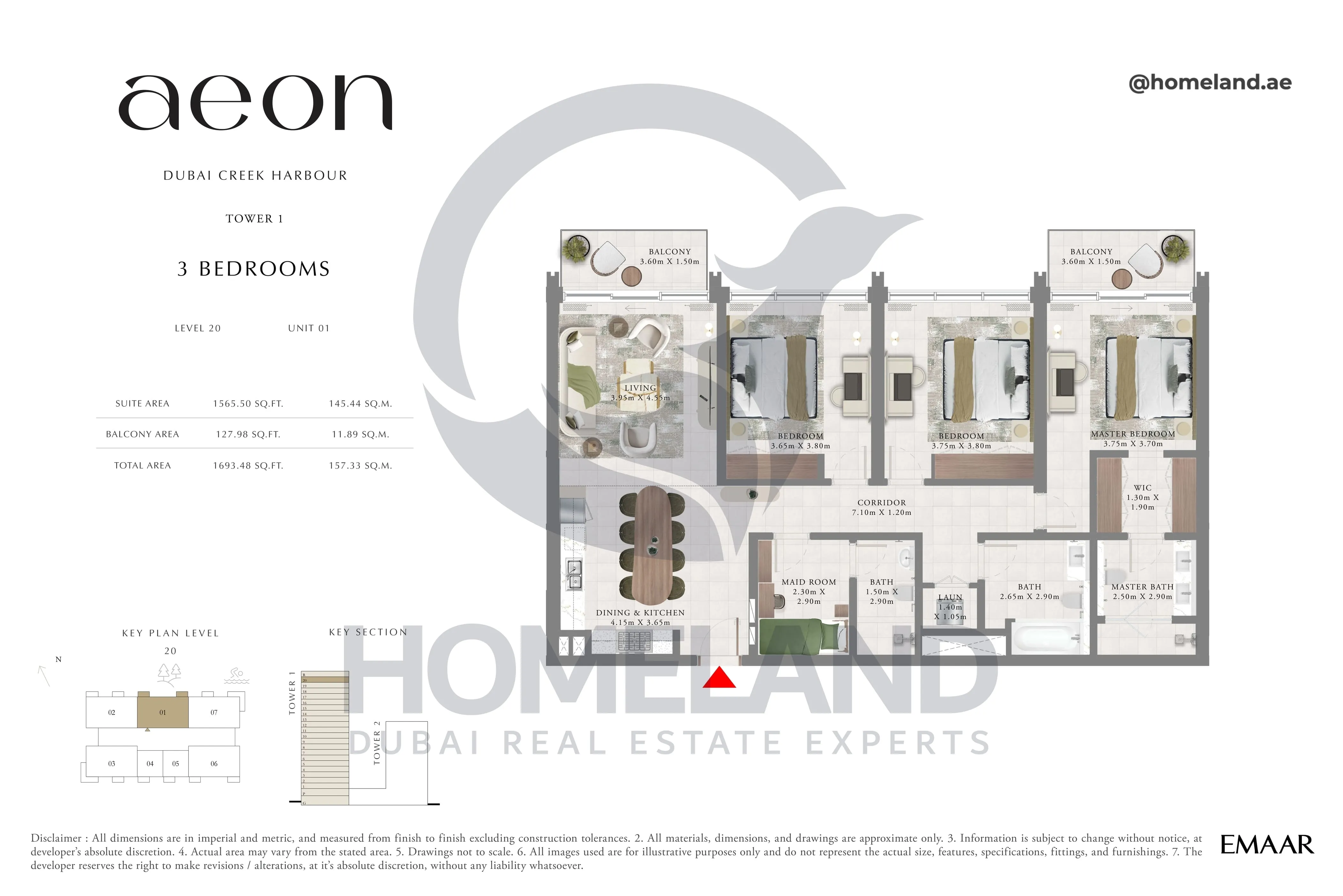 Aeon, Tower 1, 3 BR, Level 20, Unit 01, 1693 SQFT