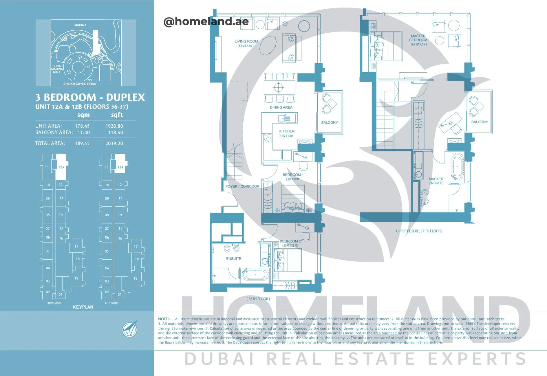 Address Marina Mall Hotel, 3 BR Duplex, Unit 12A&12B, Floor 36-37, 2039 SQFT
