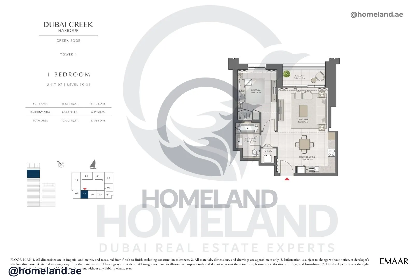 Creek Edge, Tower 1, 1 BR, Unit 07, Level 30-38, 727 SQFT