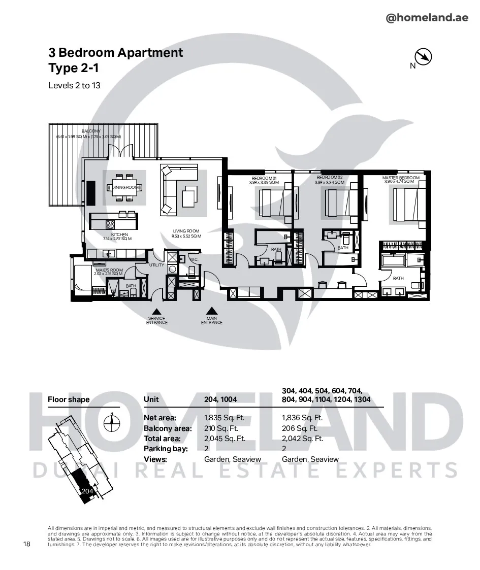 Bluewaters Residential Building Tower 7, 3 BR, Type 2-1, Level 2-13, Unit 204-304-404-504-604-704-804-904-1004-1104-1204-1304, 2045 SQFT