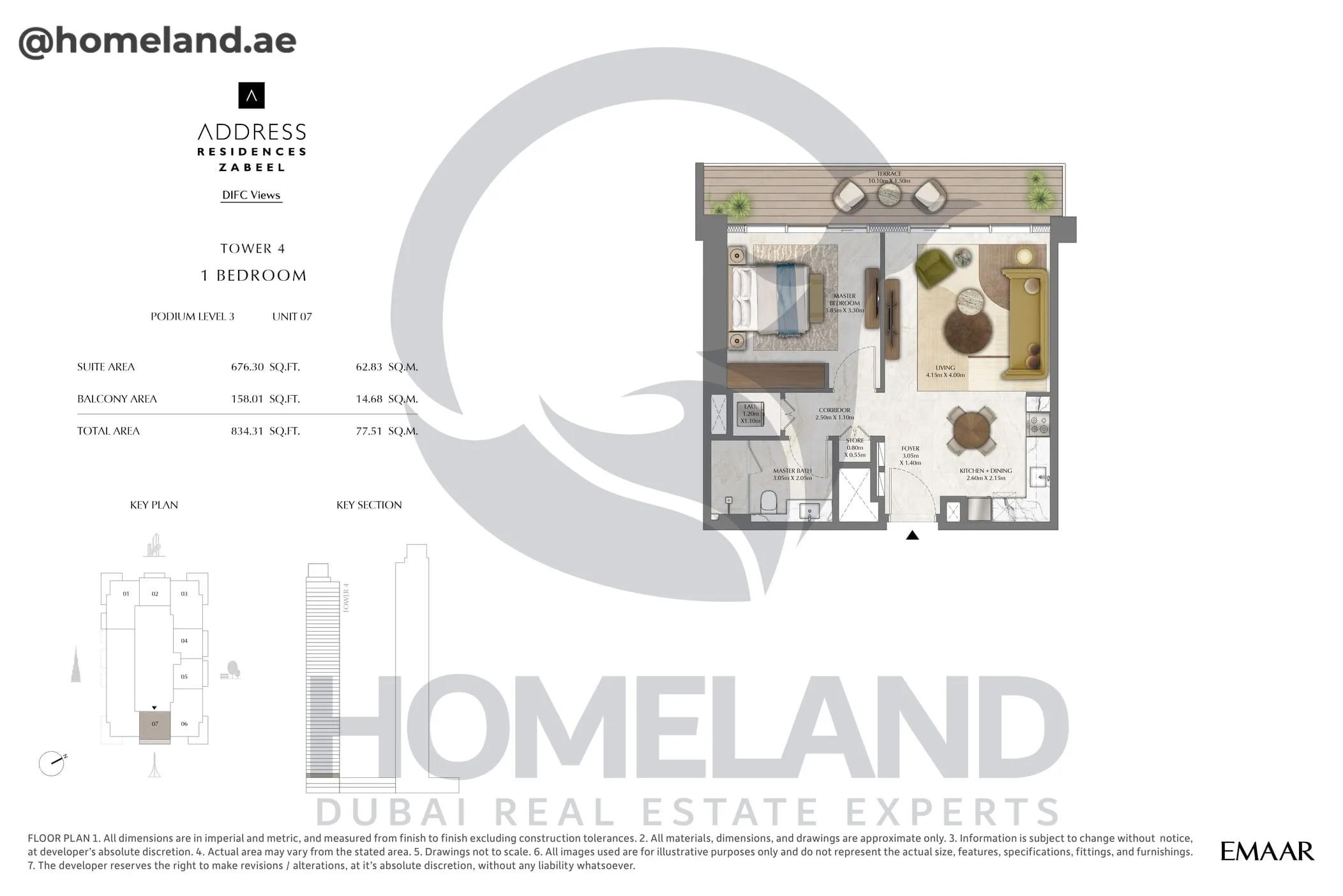 Address Residences Zabeel, Tower 4, 1BR, Podium Level 3, Unit 07, 834 SQFT