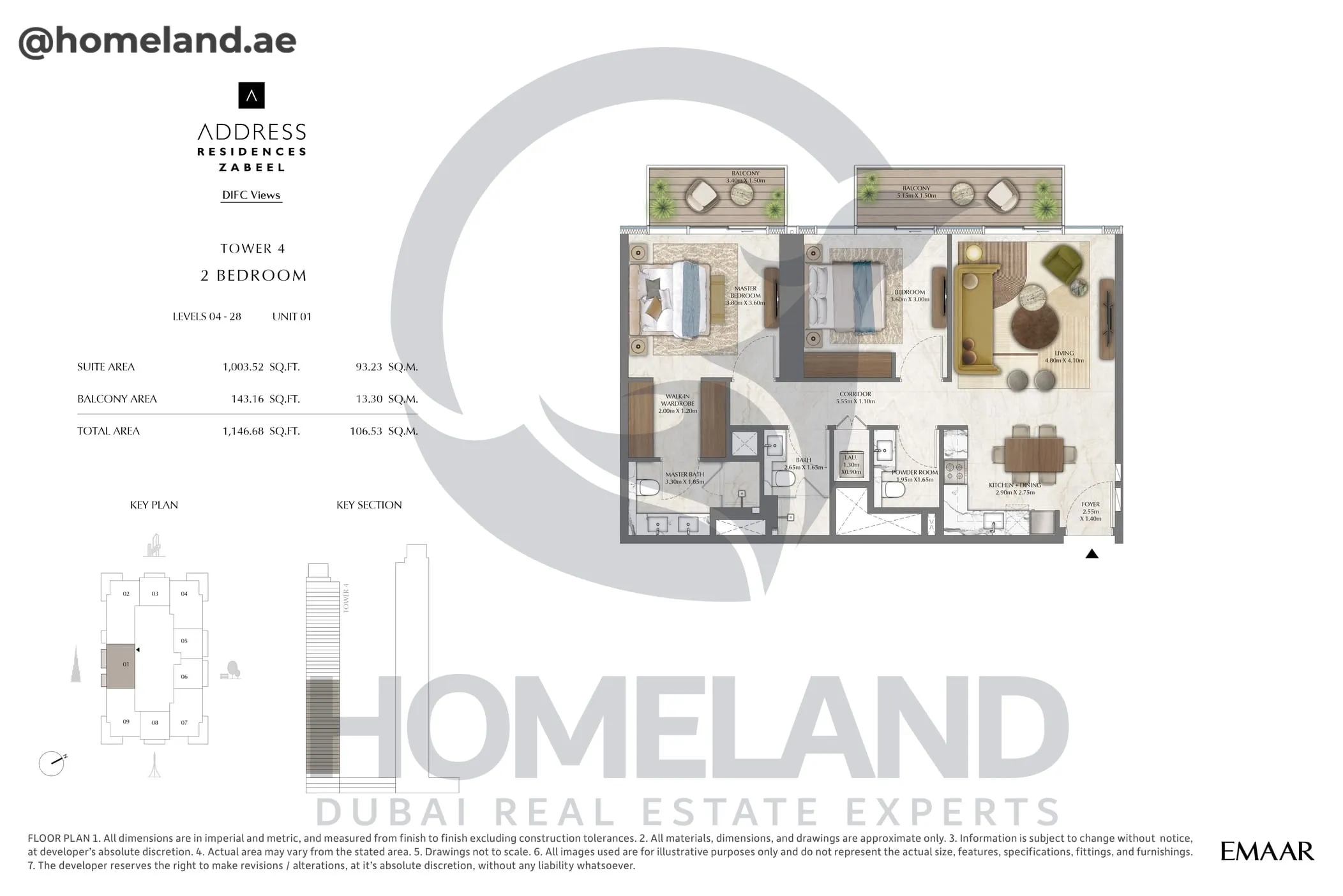 Address Residences Zabeel, Tower 4, 2BR, Level 4-28, Unit 01, 1146 SQFT