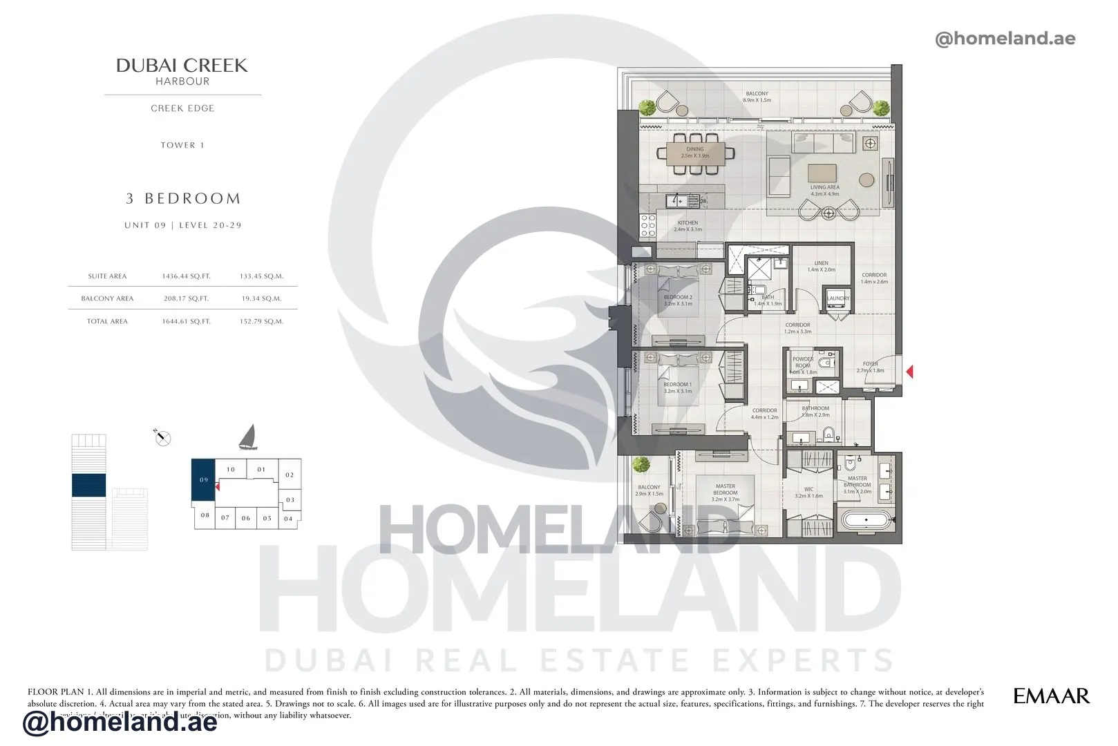 Creek Edge, Tower 1, 3 BR, Unit 03, Level 20-29, 1644 SQFT