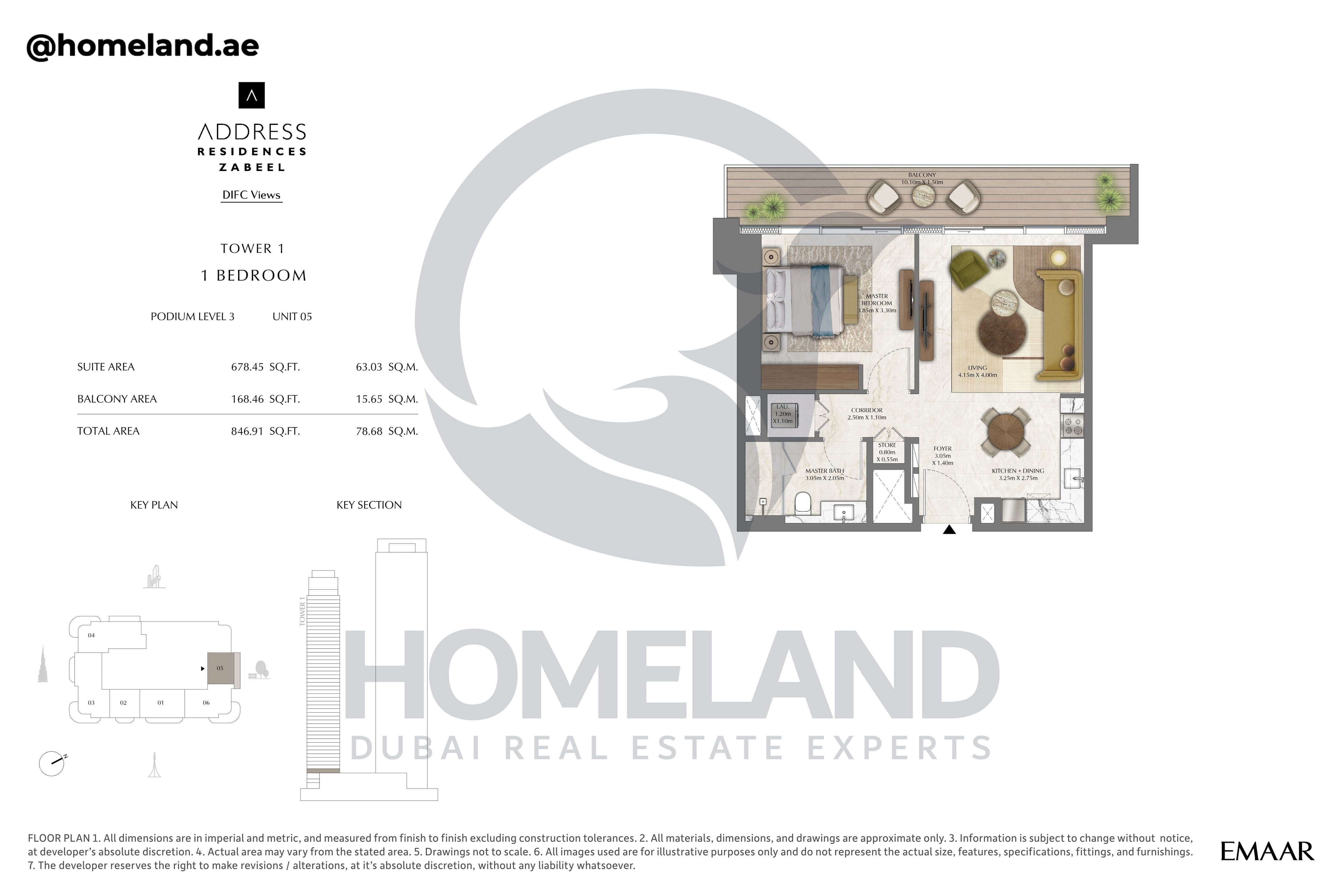 Address Residences Zabeel, Tower 1, 1BR, Podium Level 3, Unit 05, 846 SQFT