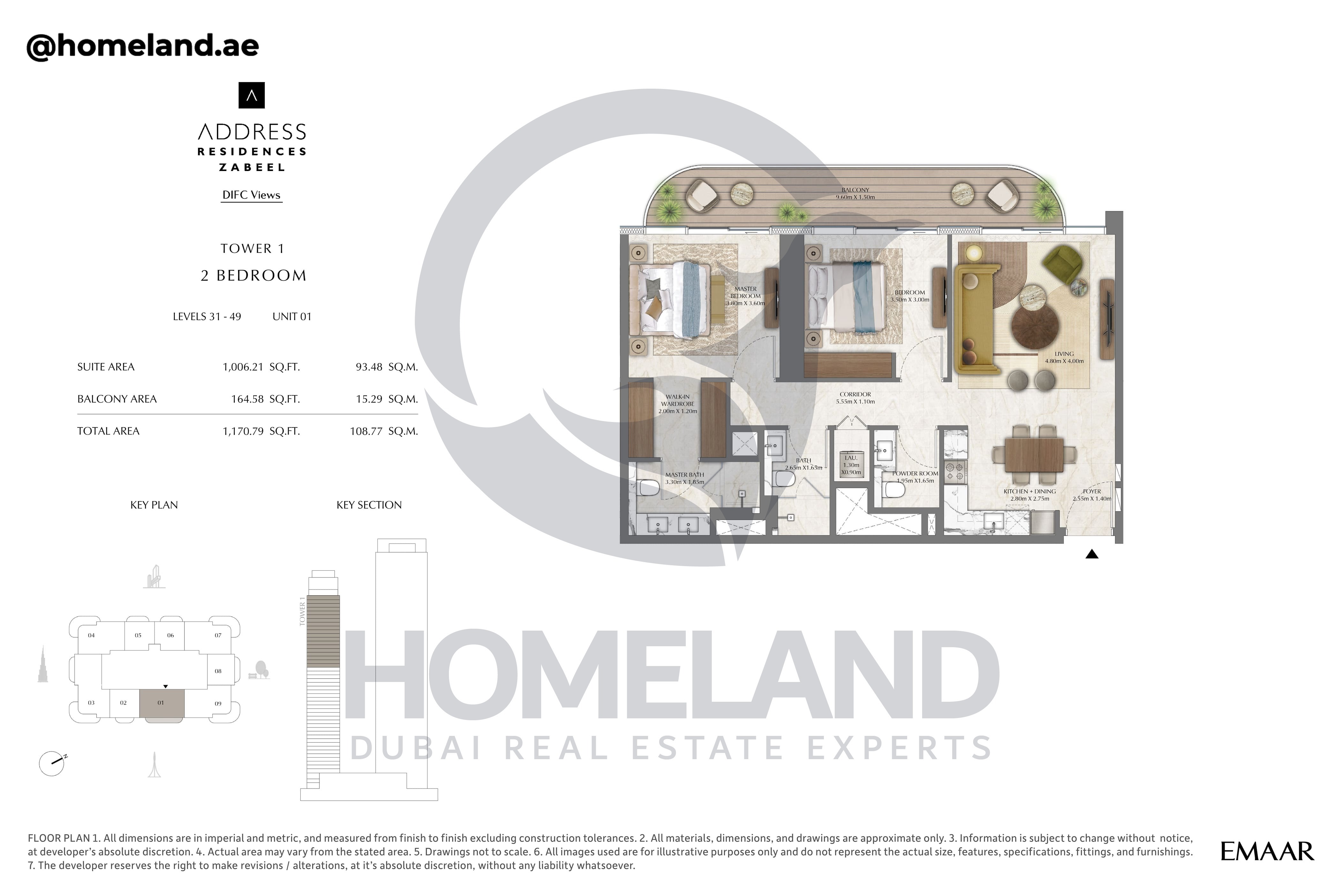 Address Residences Zabeel, Tower 1, 2BR, Level 31-49, Unit 01, 1170 SQFT