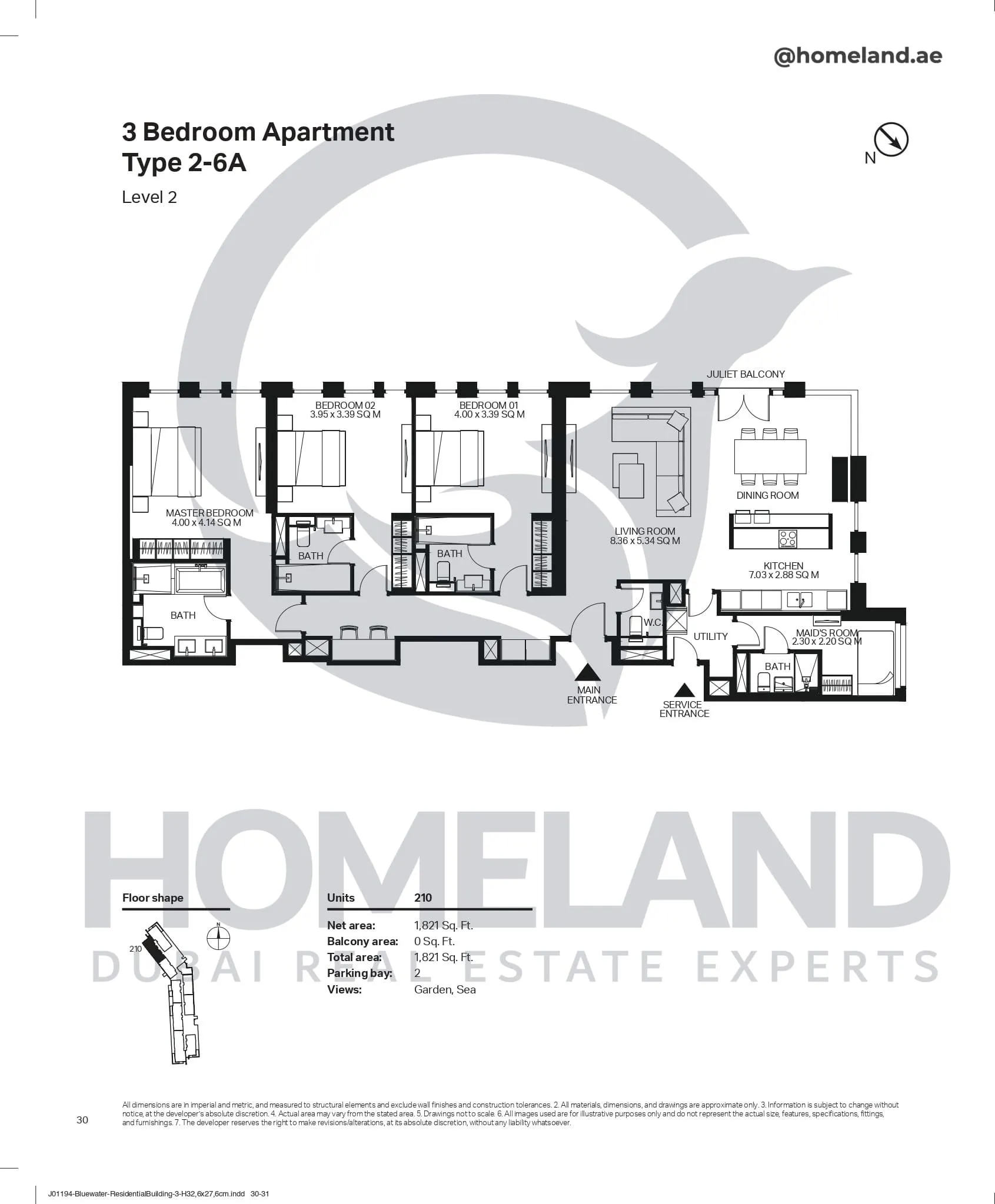 Bluewaters Residential Building Tower 3, 3 BR, Type 2-6A, Level 2, Unit 210, 1821 SQFT